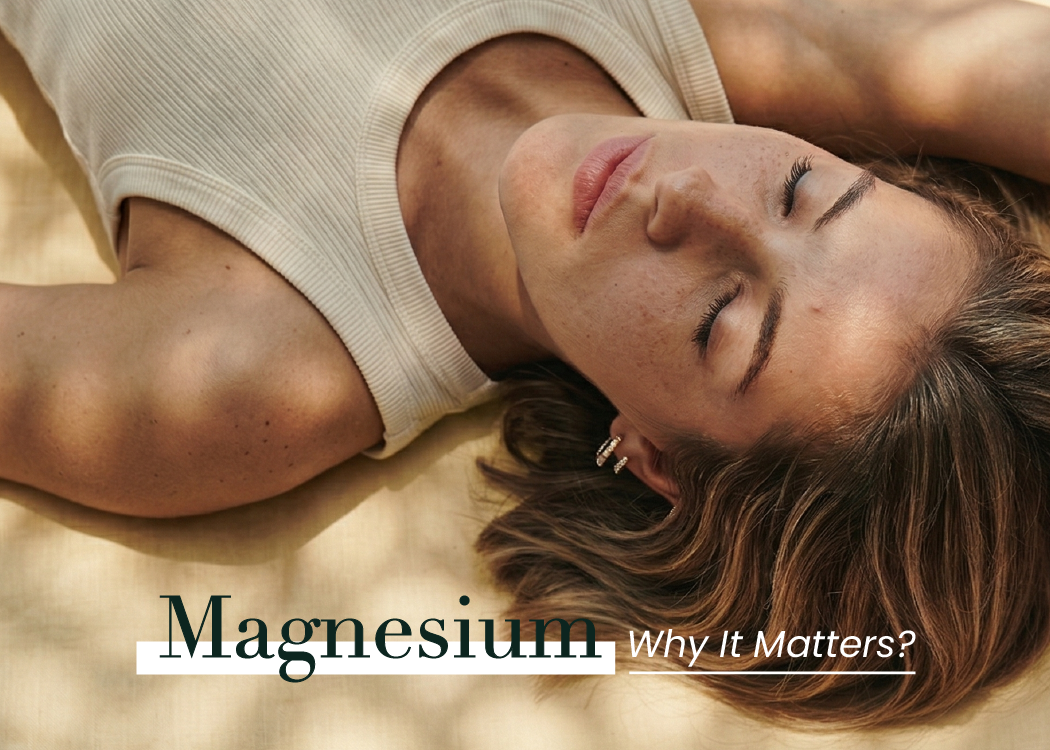Neumina woman lying down relaxing outdoors with magnesium graphic - magnesium health benefits and science-backed wellness blog