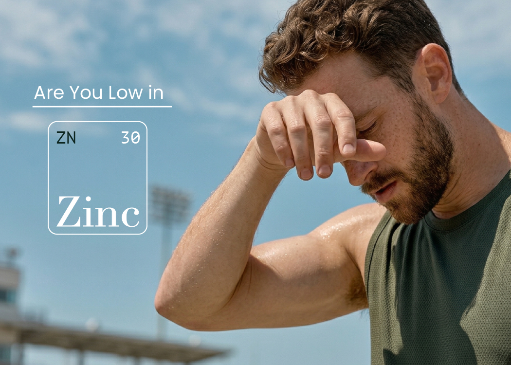 Neumina tired man wiping sweat with Zinc element graphic - zinc deficiency symptoms and science-backed mineral nutrition blog
