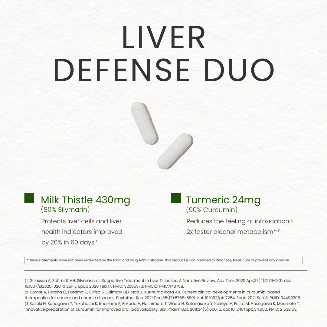 Neumina Liver Defense Duo: Research-backed liver support you can measure. Our formula features 430mg Milk Thistle (80% Silymarin) clinically shown to improve liver health indicators by 20% in just 60 days. Enhanced with 24mg Turmeric (90% Curcumin) for 2x faster alcohol metabolism and reduced intoxication feelings. Backed by professional scientific studies, our pure vegan capsules offer a 90-day supply of high-potency liver protection. Made in the USA and third-party tested for zero-compromise purity.