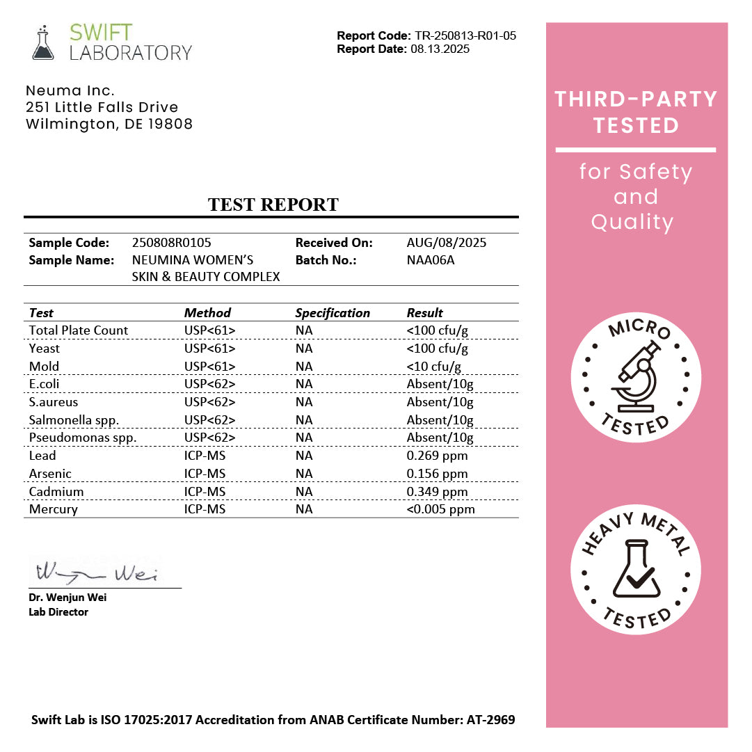 Neumina skin and beauty supplement lab test report. Independent 3rd-party verified for safety, purity, and potency. Professional microbial and heavy metal analysis showing the product meets strict quality control standards. ISO-accredited testing ensures your daily beauty routine is safe and effective. Trust in Neumina's science-backed, clean-label NAC brightening complex.