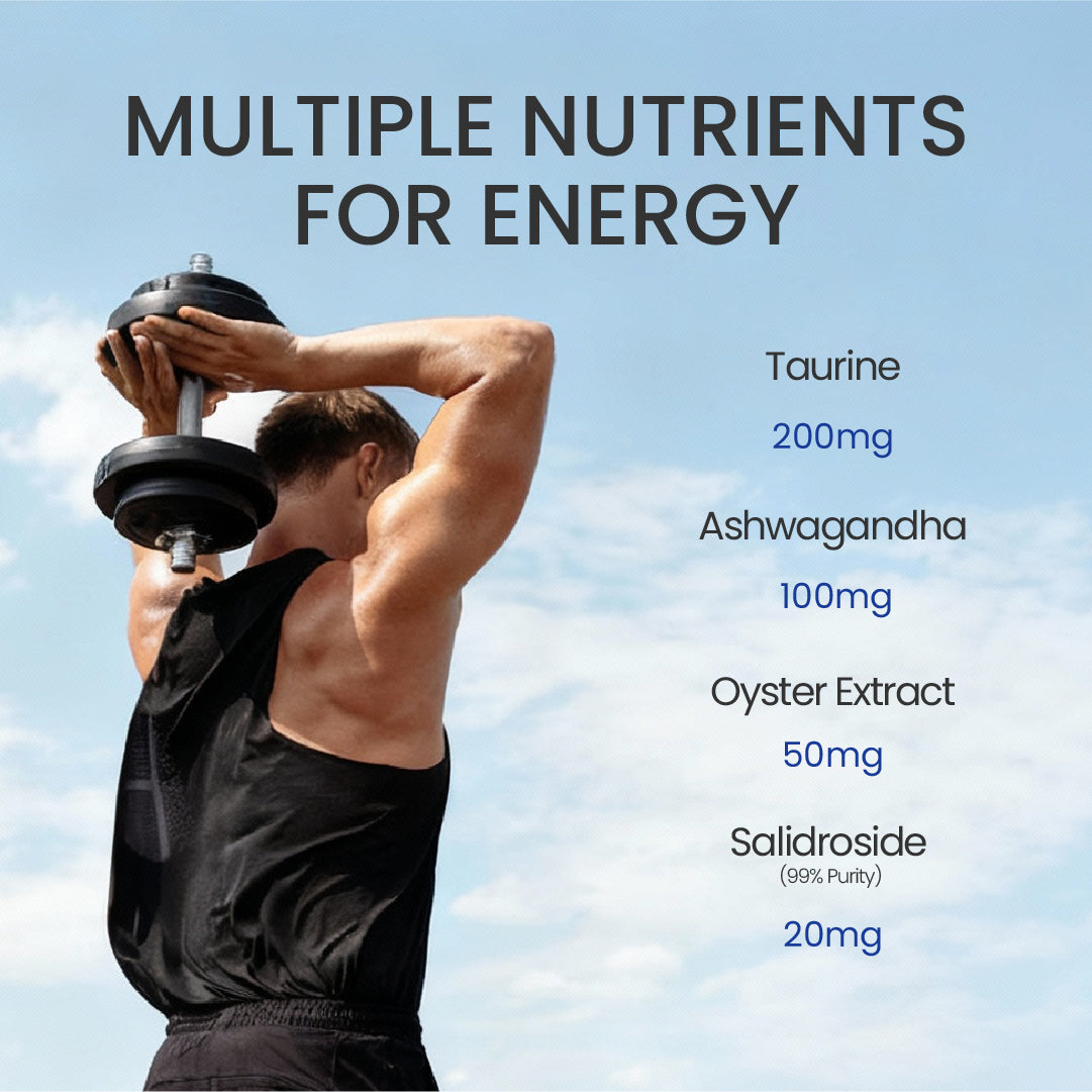 An infographic titled "MULTIPLE NUTRIENTS FOR ENERGY" featuring a fit man lifting a dumbbell. The chart details the specific dosages of Neumina Energy & Immune: 200mg Taurine for muscle recovery, 100mg Ashwagandha for stress management, 50mg Oyster Extract for male vitality, and 20mg Salidroside (99% Purity) to enhance oxygen utilization and exercise performance. This visual provides clinical evidence of the product's high-potency formula for sustained physical and mental endurance.