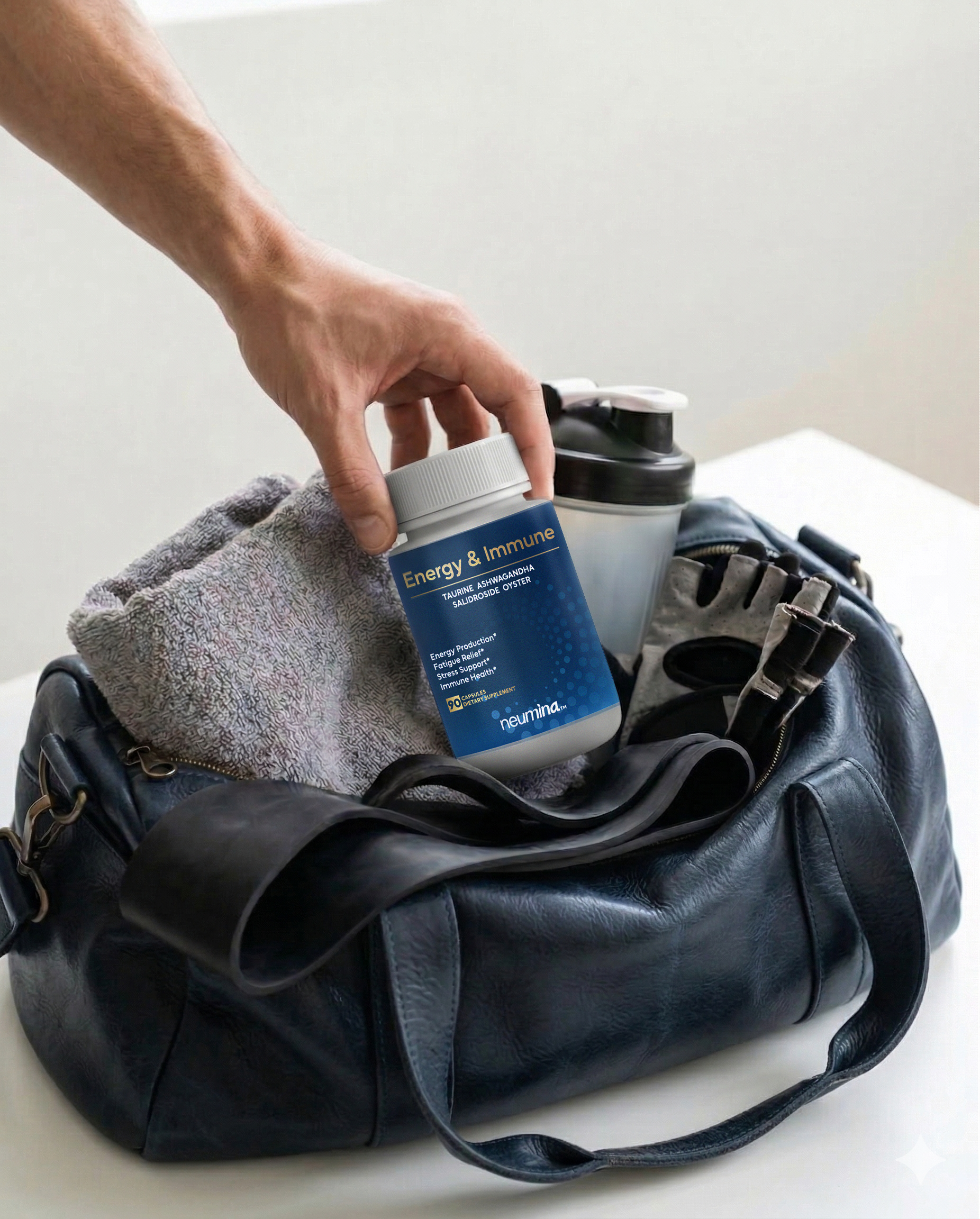 A lifestyle photograph of a man placing a bottle of Neumina Energy & Immune supplement into a navy leather gym bag. The bag also contains a shaker bottle, workout gloves, and a towel. This visual highlights the product's role as a pre-workout or post-workout essential for men, supporting energy production, fatigue relief, and muscle recovery through Taurine, Ashwagandha, and Oyster Extract. Targets active professionals and fitness enthusiasts seeking sustained physical performance.