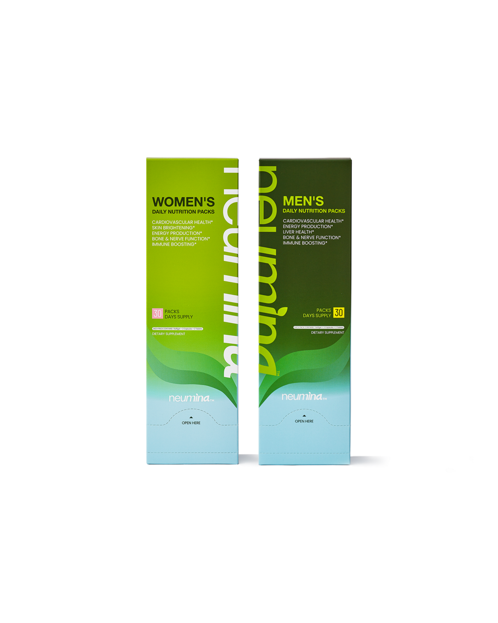 Product bundle of Neumina Daily Nutrition Packs for Women and Men. Each box contains 30 daily packs. Women's formula focuses on Cardiovascular Health, Skin Brightening, Energy, Bone/Nerve, and Immune Boosting. Men's formula targets Cardiovascular, Energy, Liver Health, Bone/Nerve, and Immune Support. Features a convenient "Open Here" dispenser design. Focus: holistic his-and-hers daily multivitamin and vitality regimen.