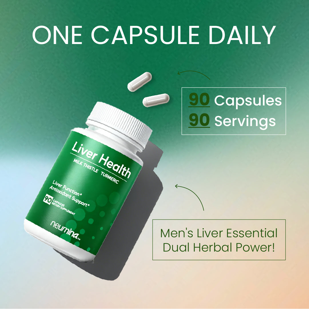 Instructional graphic for Neumina Liver Health supplement. Specs: 1 capsule daily, 90-day supply (90 servings). Features: "Men's Liver Essential Dual Herbal Power" combining Milk Thistle and Turmeric. Highlights convenient once-a-day dosing for 3-month comprehensive liver support and antioxidant protection. Made in USA.
