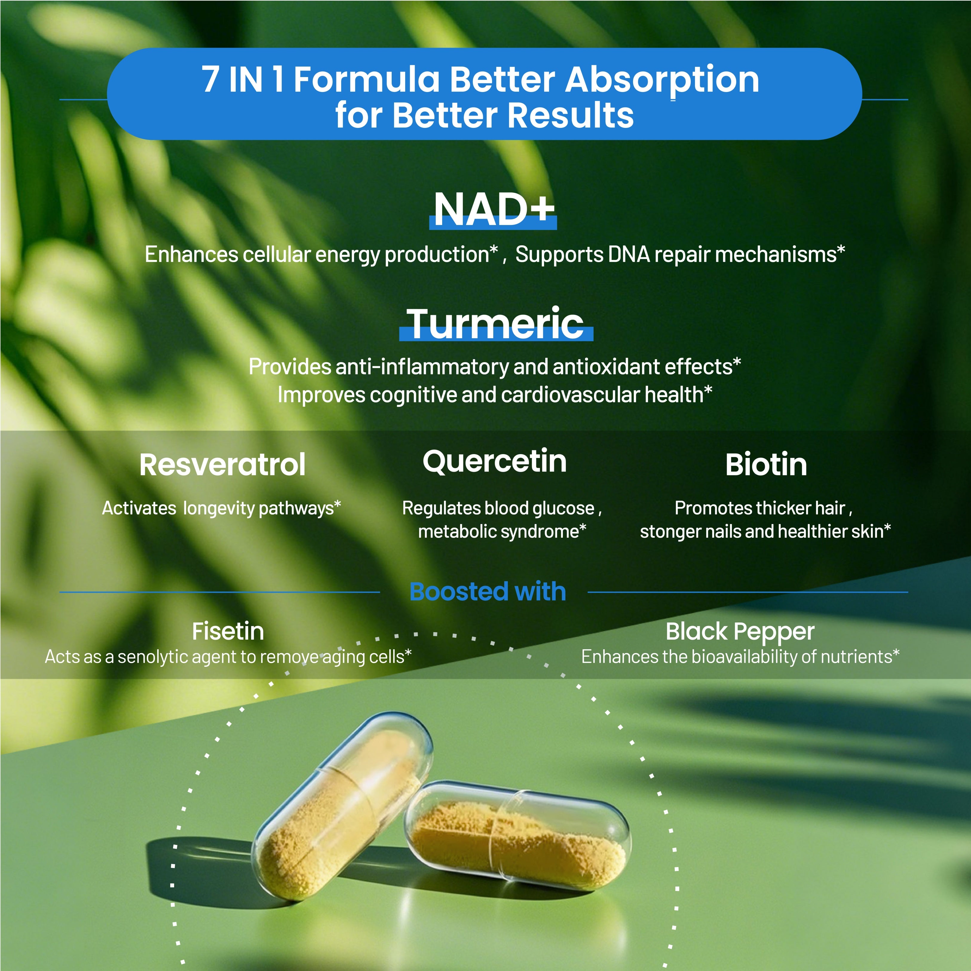 Mechanistic infographic for Neumina NAD+ Complex 7-in-1 formula. Detailed functions: NAD+ (DNA repair & cellular energy), Turmeric (anti-inflammatory & cognitive health), Resveratrol (activates longevity pathways), Quercetin (metabolic syndrome & glucose regulation), Biotin (skin/hair/nails), Fisetin (senolytic agent to remove aging cells), and Black Pepper (bioavailability). Focus: advanced cellular rejuvenation and nutrient absorption.