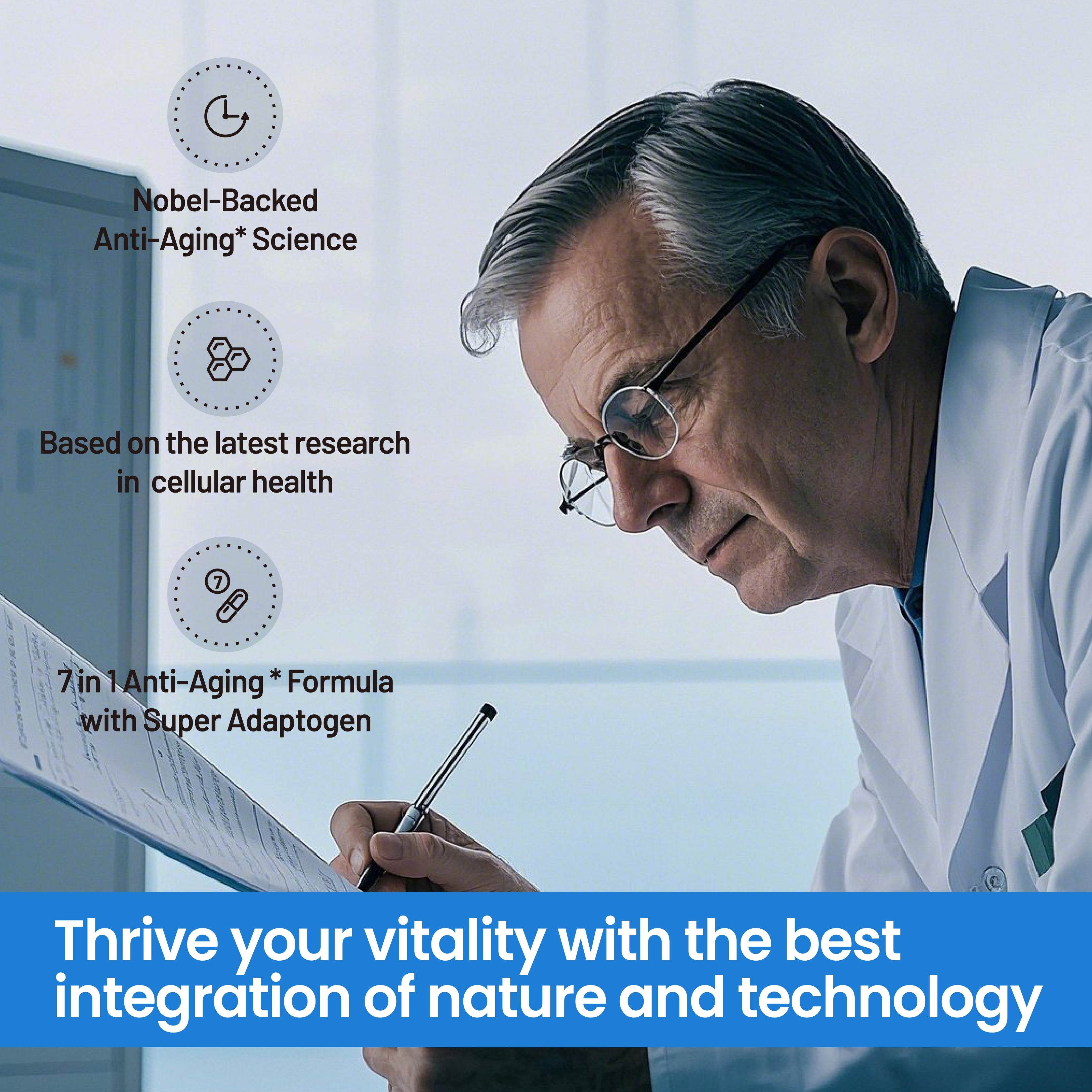 Scientific endorsement graphic for Neumina NAD+ Complex. Features a researcher with 3 core pillars: 1) Nobel-Backed Anti-Aging Science, 2) Latest research in cellular health, and 3) 7-in-1 Anti-Aging Formula with Super Adaptogens. Slogan: "Thrive your vitality with the best integration of nature and technology." Focus: evidence-based longevity science and precision mitochondrial nutrition.