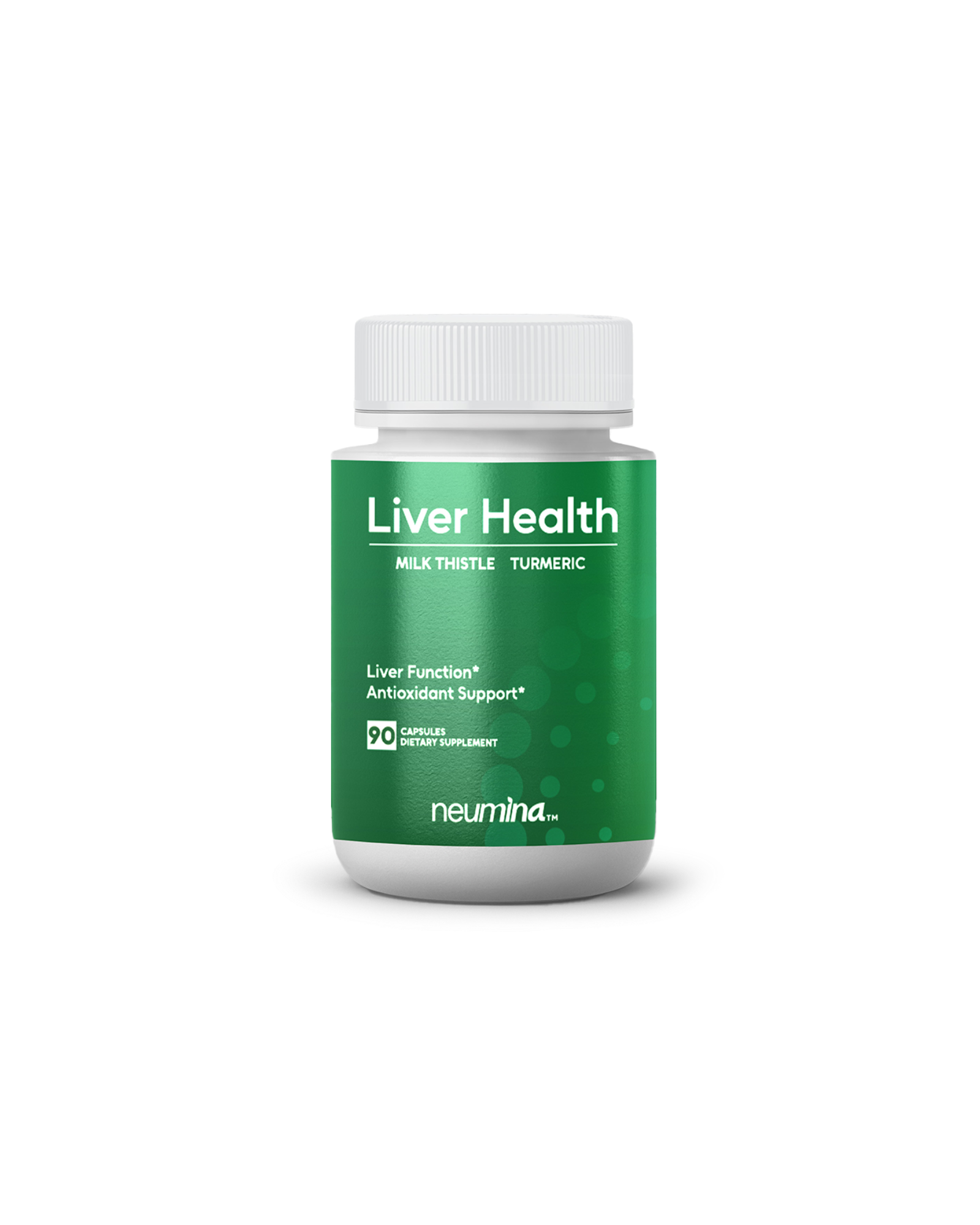 Product bottle of Neumina Liver Health supplement. Core formula: 430mg Milk Thistle (80% Silymarin Flavonoids) and 24mg Turmeric (90% Curcumin). Claims: Liver Function and Antioxidant Support. Features: 90 vegan capsules, 90-day supply, Made in USA. Target: natural liver detox and hepatocyte protection.