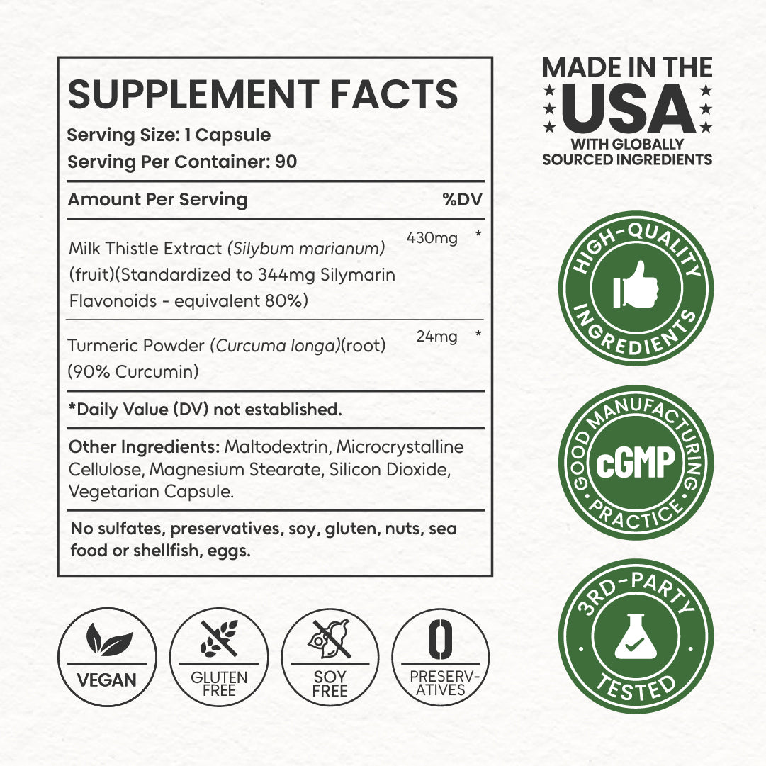 Supplement Facts label for Neumina Liver Health. Per 1-capsule serving: 430mg Milk Thistle Extract (Silybum marianum) standardized to 344mg Silymarin Flavonoids (80%), and 24mg Turmeric Powder (Curcuma longa) with 90% Curcumin. Clean label: Vegan, Gluten-Free, Soy-Free, No Preservatives. Certified: Made in USA, cGMP, 3rd-Party Tested. 90-day supply (90 capsules).