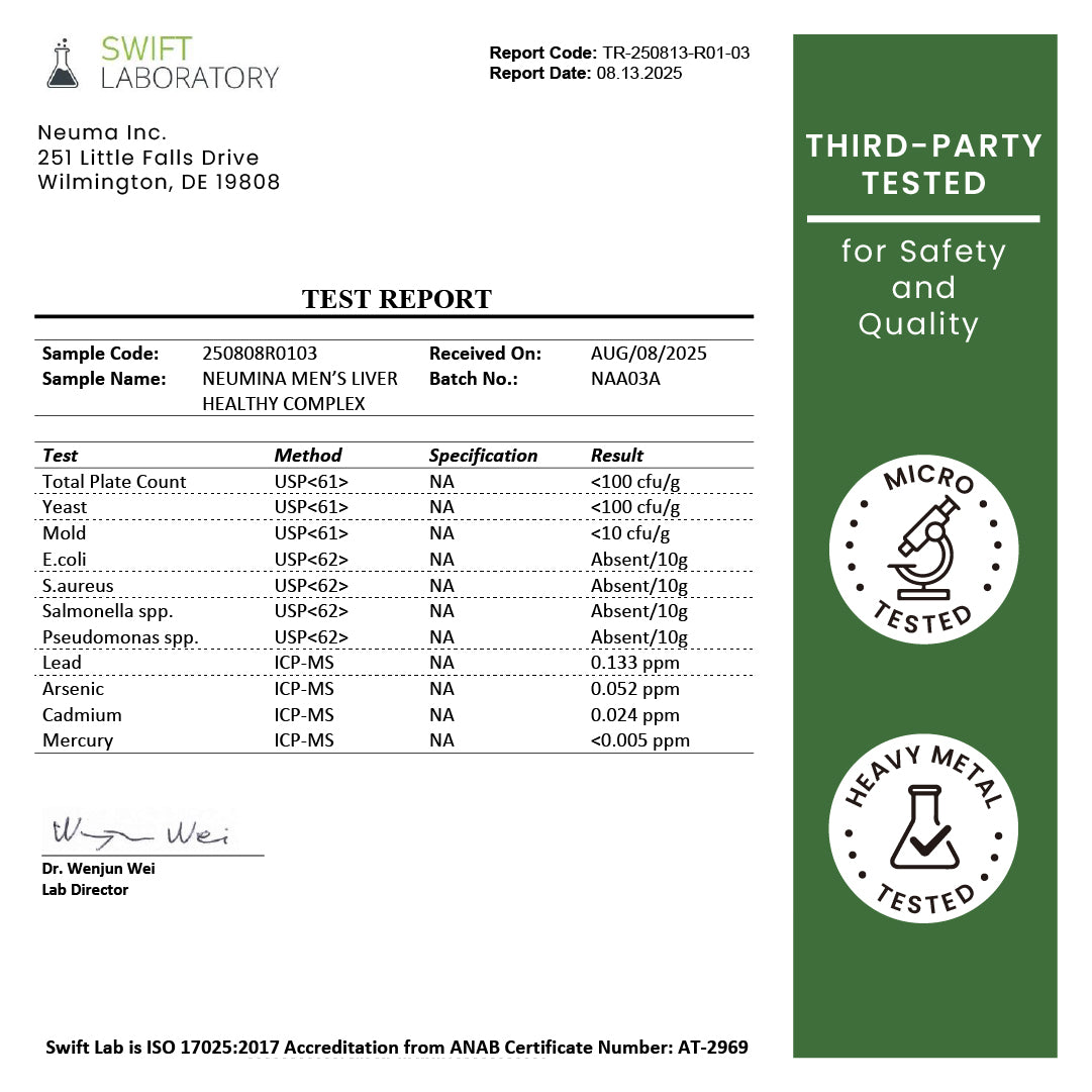 Neumina Ultimate Liver Shield official laboratory test report. Independent 3rd-party verified for maximum purity and safety. Detailed microbial and heavy metal analysis confirms our premium detox formula meets the highest US quality control standards. ISO-accredited lab verification ensures your liver health is backed by clean, safe, and transparent nutrition. Made in the USA with globally sourced, premium ingredients for zero-compromise quality.