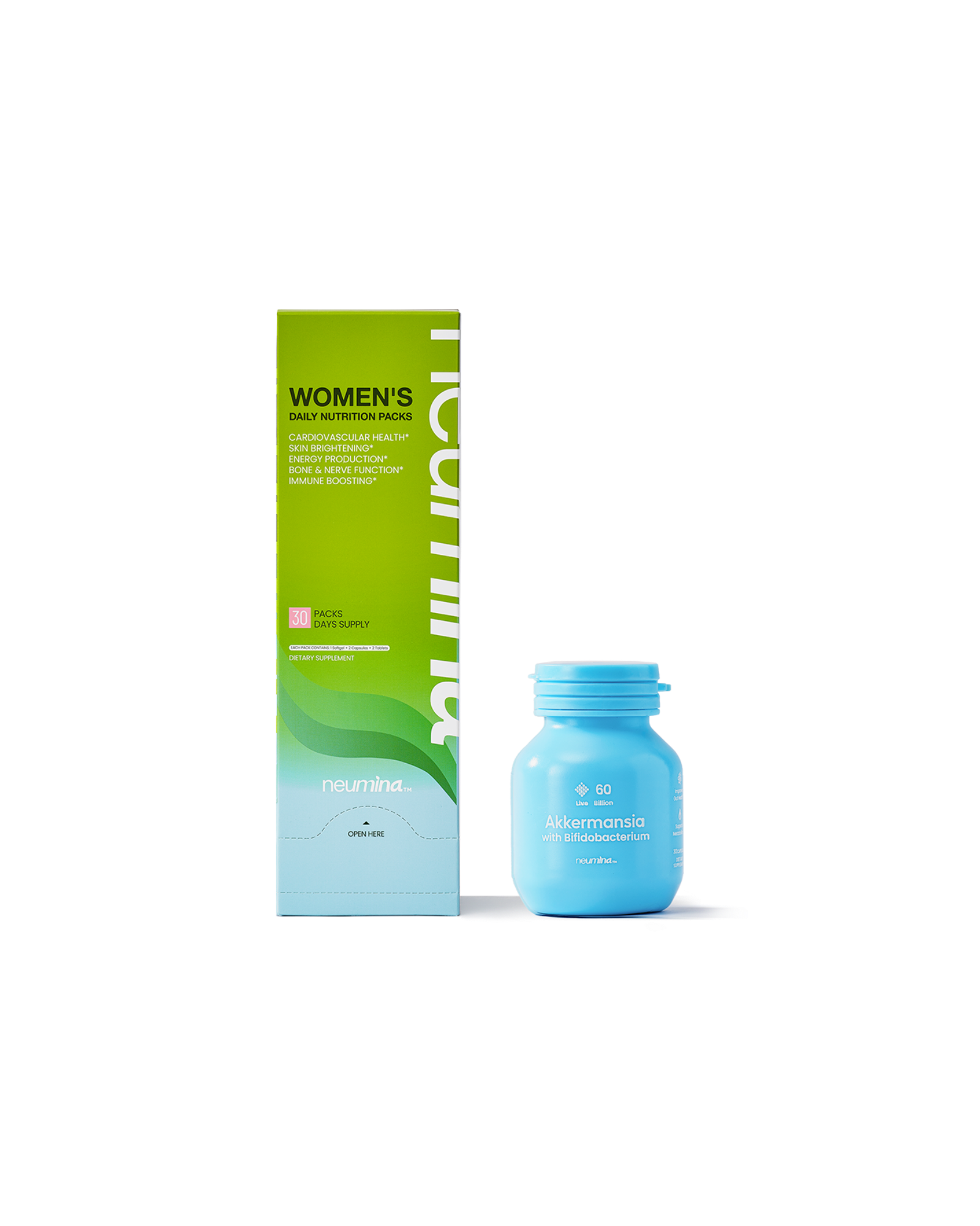 Product showcase of Neumina Women's Daily Nutrition Packs (30 packs) and Akkermansia with Bifidobacterium (60 billion CFU). Daily packs target Cardiovascular, Skin Brightening, Energy, Bone/Nerve, and Immune health. Akkermansia bottle features a high-potency formula for gut barrier and metabolic support. This duo provides a comprehensive 30-day supply of essential vitamins, minerals, and next-generation probiotics. Made in USA.
