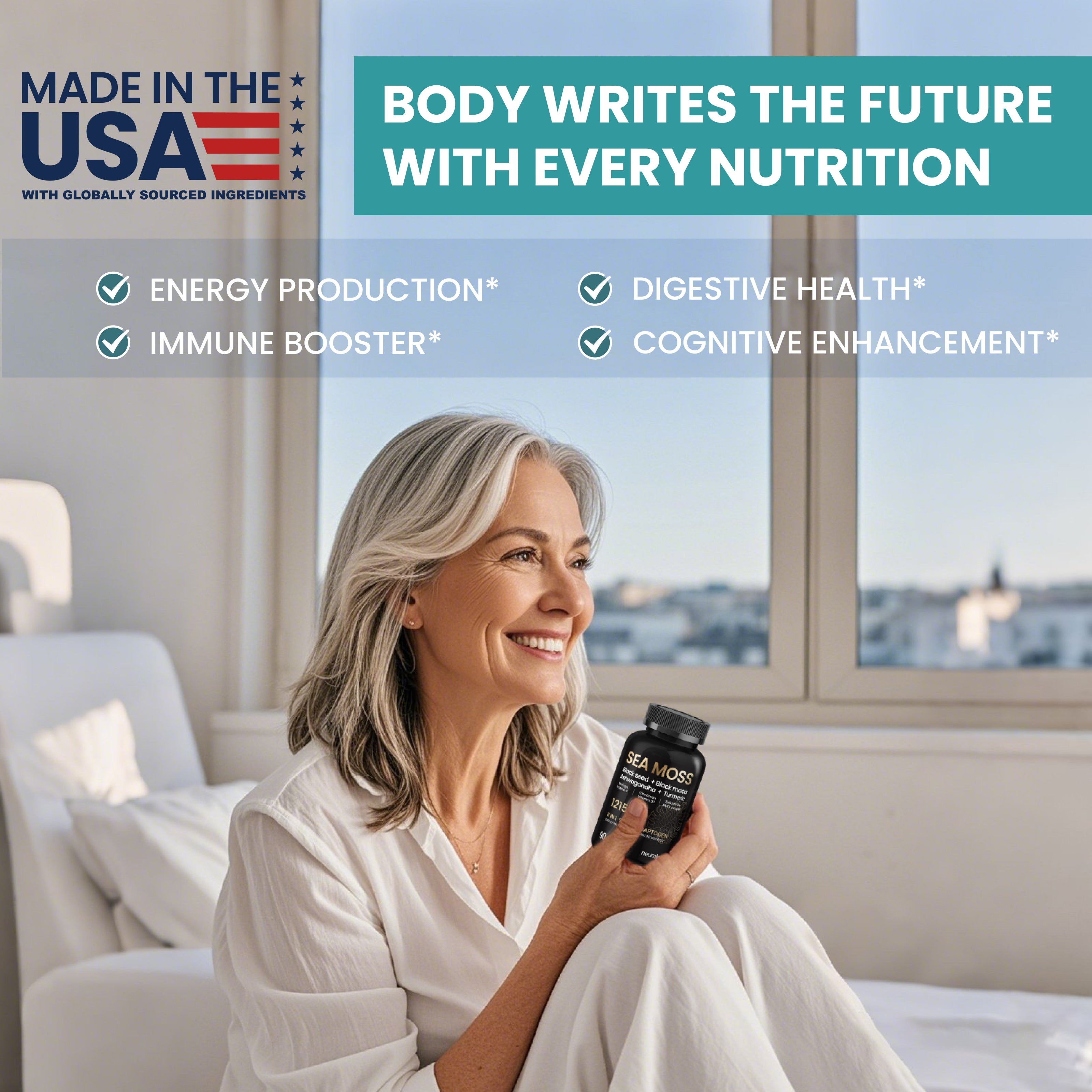 Lifestyle photograph of a healthy, smiling senior woman holding a bottle of Neumina Sea Moss capsules in a bright, modern living room. The image features "Made in the USA" branding and highlights four key health benefits: Energy Production, Immune Booster, Digestive Health, and Cognitive Enhancement. Ideal for users searching for high-quality American-made sea moss supplements for aging gracefully.