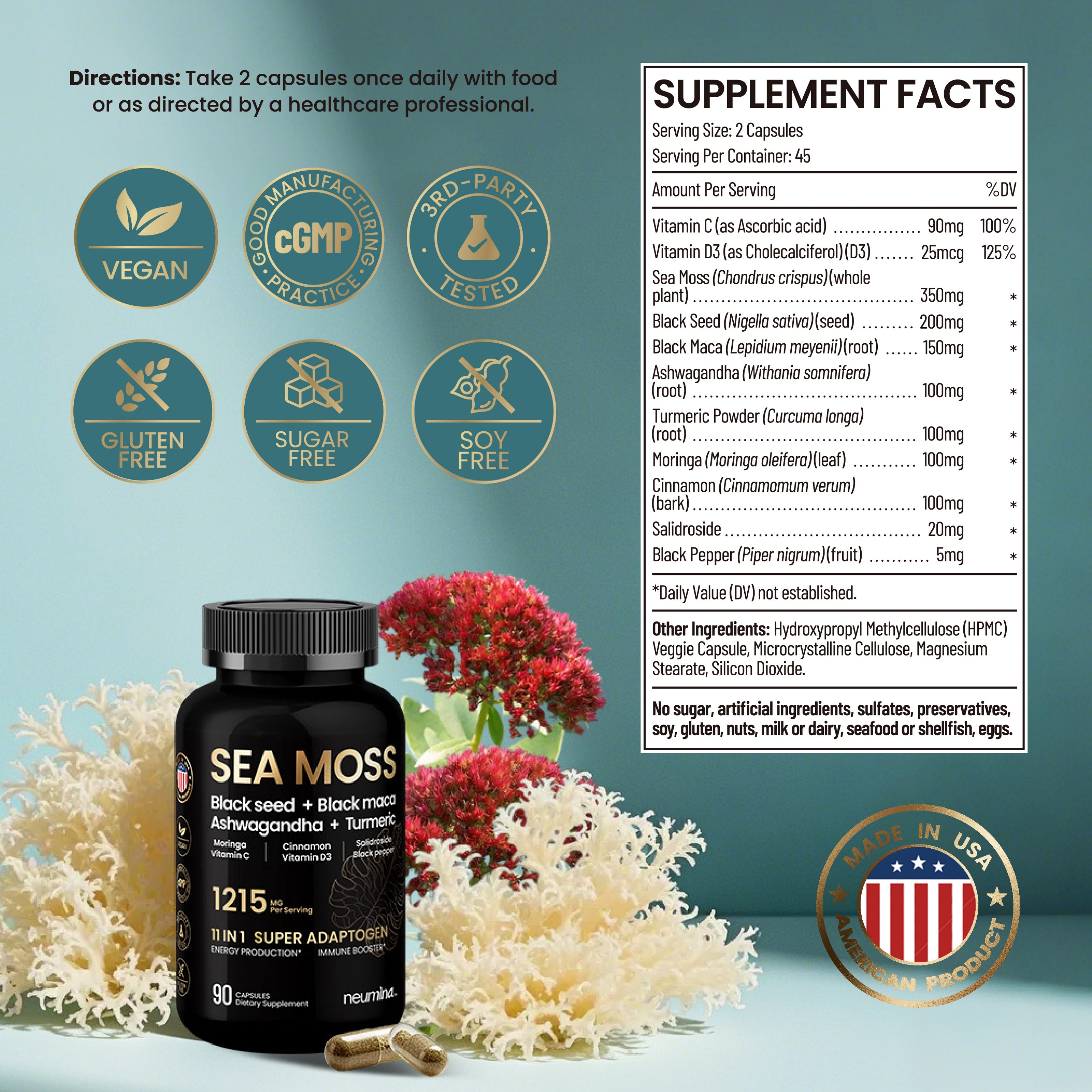 Full Supplement Facts label for Neumina 11-in-1 Sea Moss capsules. Ingredients per 2-capsule serving: Vitamin C (90mg), Vitamin D3 (25mcg), Sea Moss (350mg), Black Seed (200mg), Black Maca (150mg), Ashwagandha (100mg), Turmeric (100mg), Moringa (100mg), Cinnamon (100mg), Salidroside (20mg), and Black Pepper (5mg). Certified Vegan, Gluten-Free, Sugar-Free, Soy-Free, cGMP compliant, and Third-Party Tested. Made in the USA.