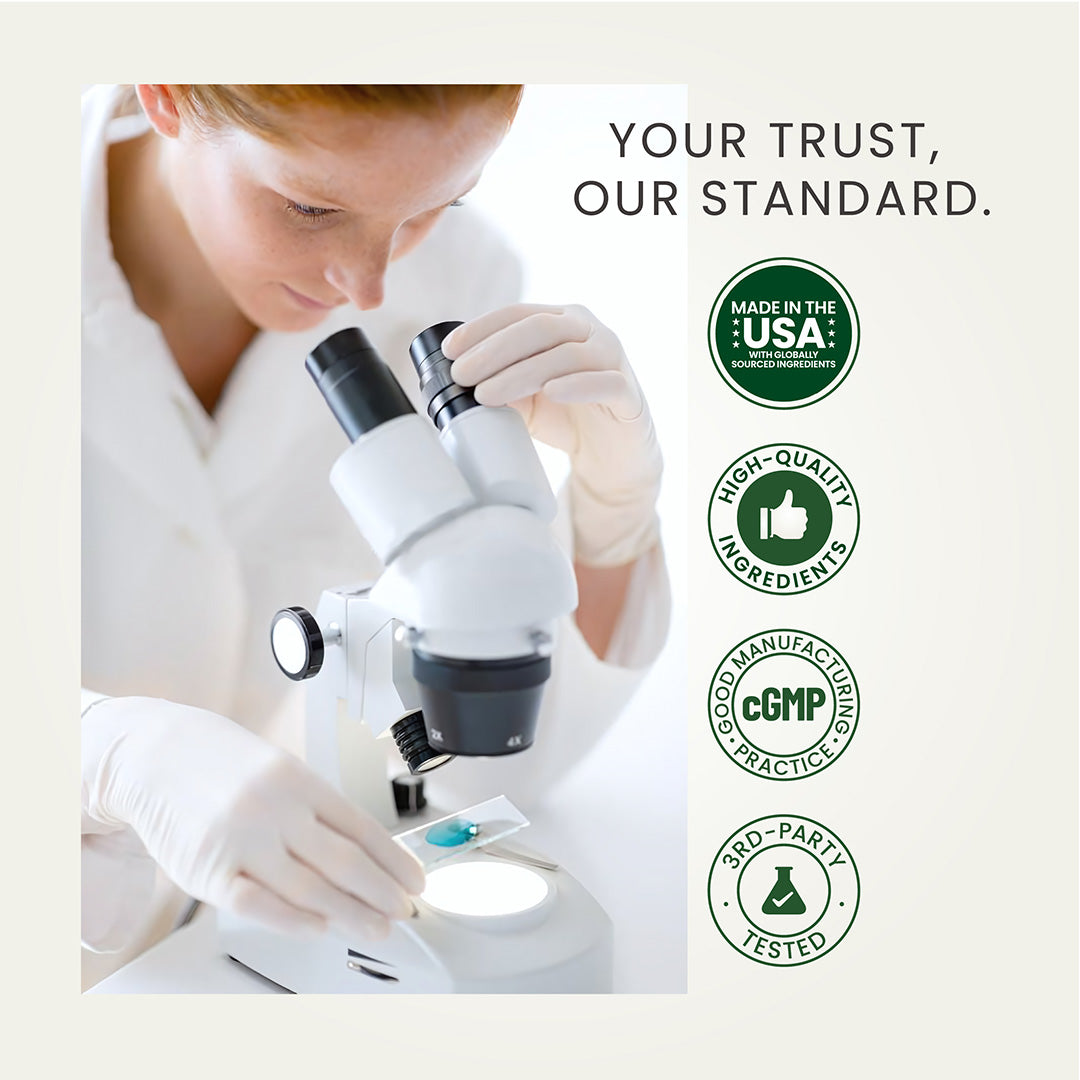 Brand infographic titled "YOUR TRUST, OUR STANDARD" featuring a scientist in a lab using a microscope. On the right, four trust badges confirm: Made in the USA with globally sourced ingredients, High-Quality Ingredients, cGMP (Good Manufacturing Practice) compliant, and 3rd-Party Tested. This visual establishes Neumina's commitment to safety, transparency, and professional-grade supplement manufacturing.
