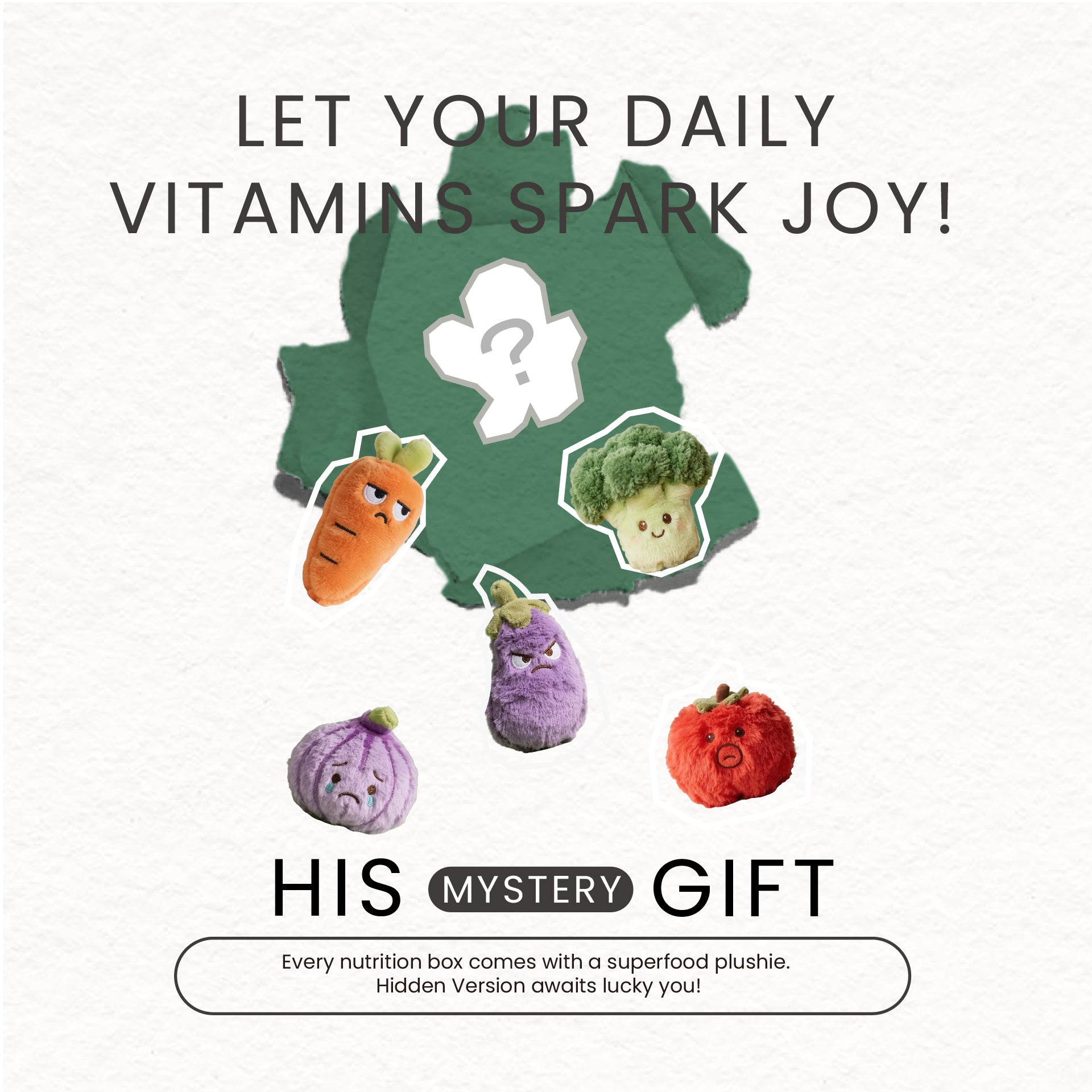 Infographic for "His Mystery Gift" by Neumina. Every men's daily nutrition pack includes a collectible superfood plushie (carrot, broccoli, eggplant, onion, tomato) and a potential "Hidden Version" mystery gift. Designed to spark joy and encourage daily vitamin consistency through fun, healthy-themed collectibles for men.