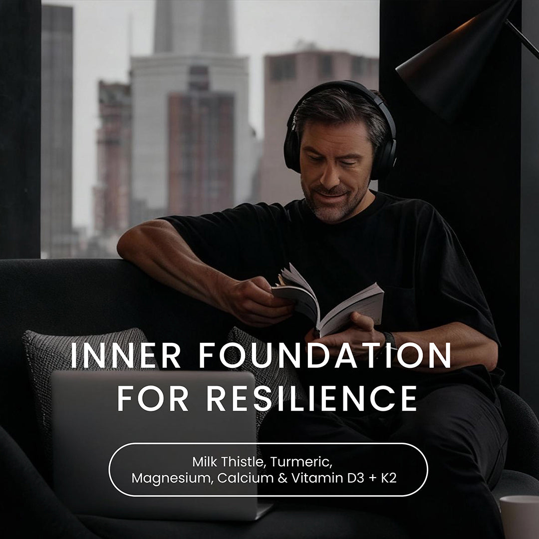 Lifestyle photography of a mature man reading and wearing headphones in a modern urban setting, representing Neumina's "Inner Foundation for Resilience." Text highlights key ingredients for liver health and recovery: Milk Thistle, Turmeric, Magnesium, Calcium, and Vitamin D3 + K2. This visual targets men seeking to balance high-pressure city life with science-backed nutritional support for liver repair and nervous system calm.