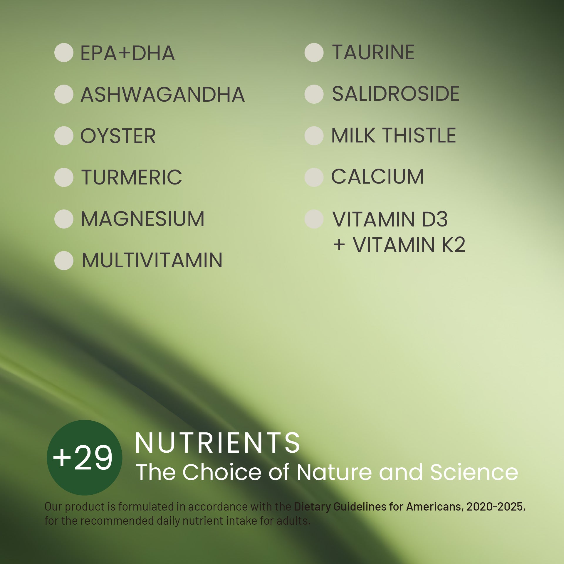 Infographic of Neumina Men's Daily Nutrition formula featuring over 29 essential nutrients. Listed ingredients include: EPA+DHA, Ashwagandha, Oyster, Turmeric, Magnesium, Multivitamin blend, Taurine, Salidroside, Milk Thistle, Calcium, and Vitamin D3 + Vitamin K2. Slogan: "The Choice of Nature and Science." Formulated in accordance with the Dietary Guidelines for Americans.