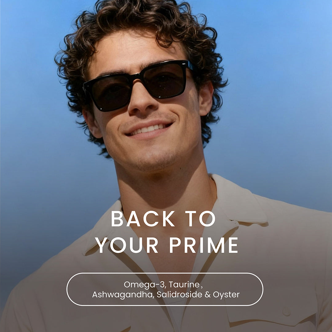Lifestyle photography of a confident, healthy young man outdoors, representing Neumina's "Back to Your Prime" campaign for men's wellness. Text highlights a premium vitality blend: Omega-3, Taurine, Ashwagandha, Salidroside, and Oyster Extract. This visual connects Neumina's targeted nutrition with peak physical and mental performance for the modern man.