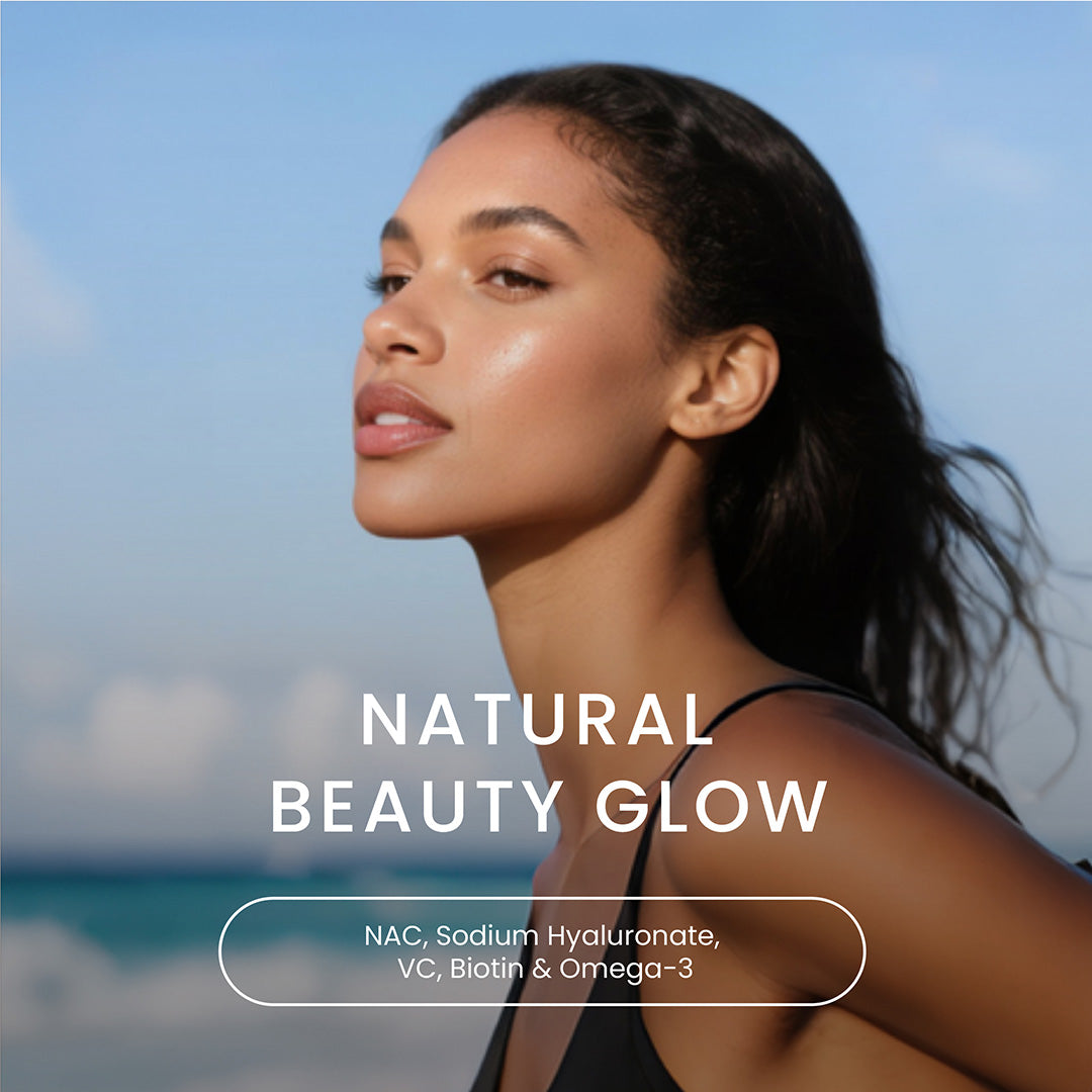 Lifestyle photography of a glowing, healthy woman against an ocean sunset background, representing Neumina's "Natural Beauty Glow" campaign. Text highlights key ingredients for skin, hair, and nail health: NAC, Sodium Hyaluronate, Vitamin C (VC), Biotin, and Omega-3. This visual emphasizes the synergistic effect of fish oil and antioxidants in supporting women's beauty from within.