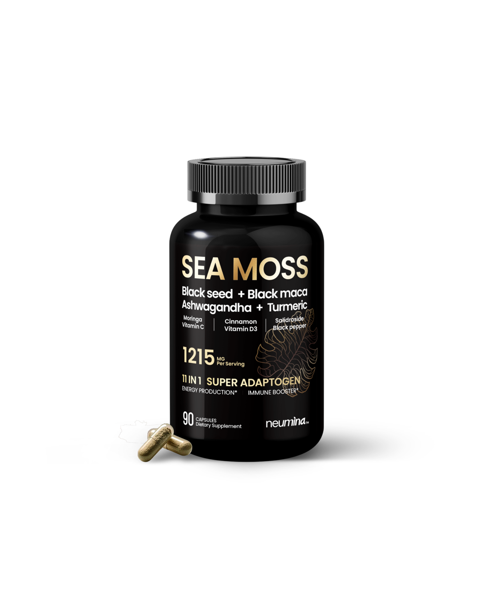 Neumina Sea Moss 11-in-1 Super Adaptogen supplement bottle with gold and white text on a premium black background, featuring ingredients like Black Seed, Black Maca, Ashwagandha, and Turmeric, 1215mg per serving, 90 capsules.