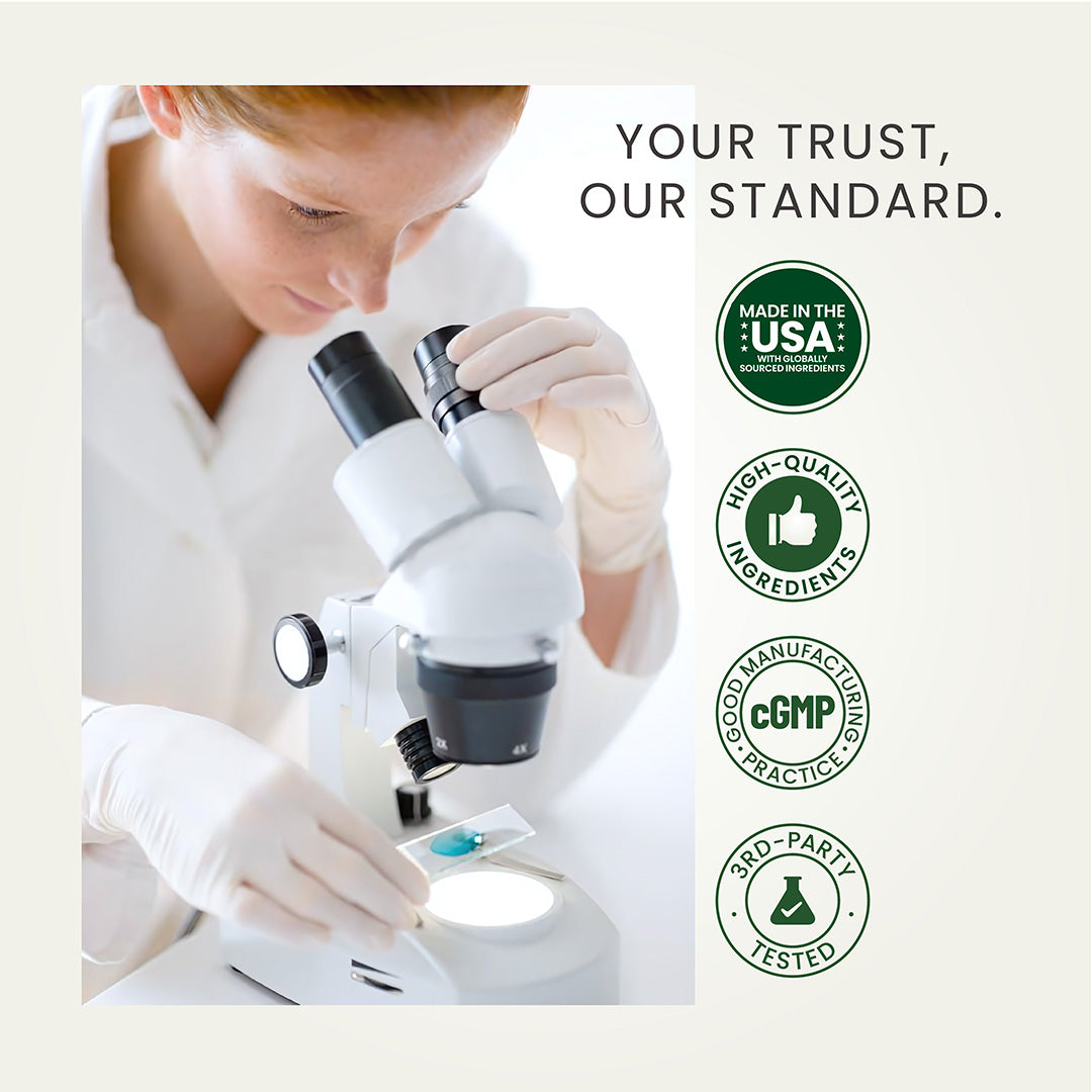 Infographic titled "YOUR TRUST, OUR STANDARD" featuring a scientist using a microscope. Four badges confirm Neumina's quality: Made in the USA with global ingredients, High-Quality Ingredients, cGMP compliant, and 3rd-Party Tested for safety. This visual establishes the brand's commitment to rigorous scientific testing and professional manufacturing standards.