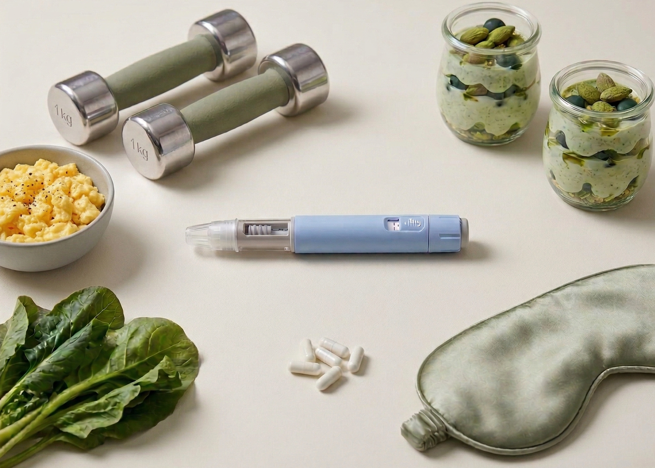 Neumina flat lay of healthy food sleep mask dumbbells and GLP-1 pen - natural GLP-1 support and metabolic health blog