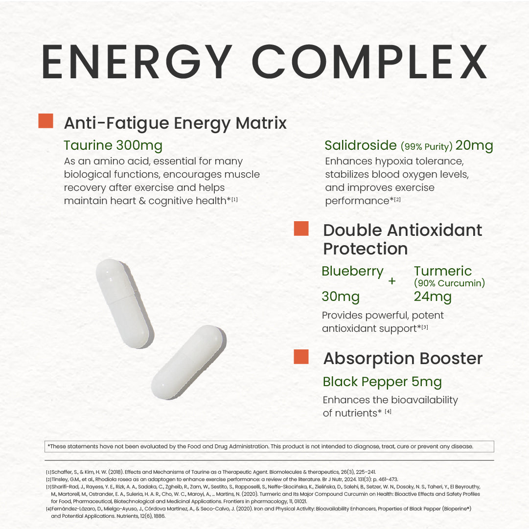 Neumina Women's Energy Complex scientific breakdown. Features our Anti-Fatigue Energy Matrix with 300mg Taurine and 20mg Salidroside (99% pure) to stabilize blood oxygen. Includes Double Antioxidant Protection with Blueberry and Turmeric (90% Curcumin), plus a 5mg Black Pepper absorption booster for 2000% better bioavailability. Research-backed formula with professional citations. Pure, vegan-friendly capsules for sustained female vitality and focus. 90-day supply.