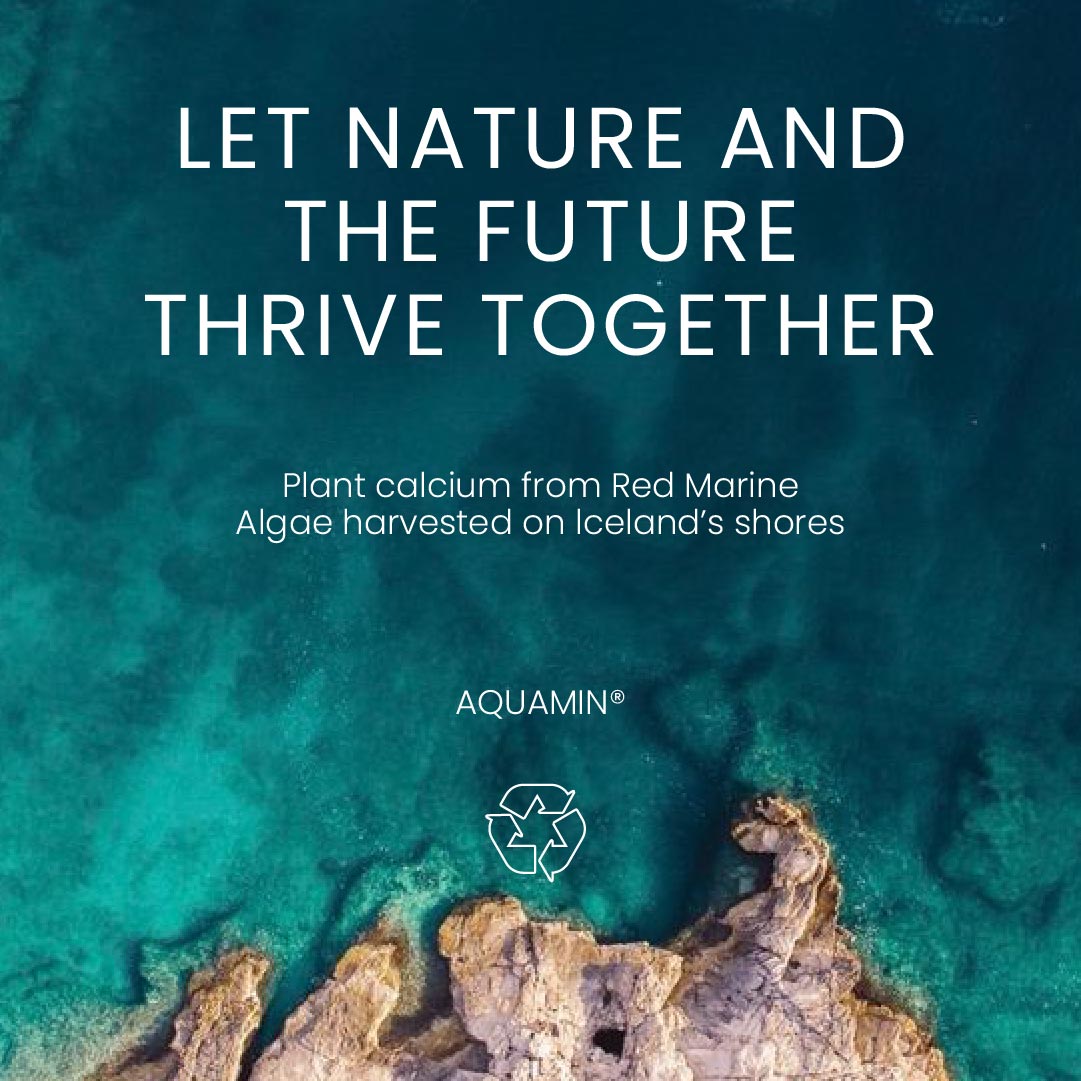 Brand lifestyle image for Neumina Bone & Nerve featuring a pristine ocean view. Text: "LET NATURE AND THE FUTURE THRIVE TOGETHER." It highlights that the plant calcium is sourced from Red Marine Algae (Aquamin) harvested sustainably on Iceland’s shores. Includes a recycling symbol, emphasizing Neumina's commitment to environmental responsibility and pure, eco-friendly mineral sourcing for bone health supplements.