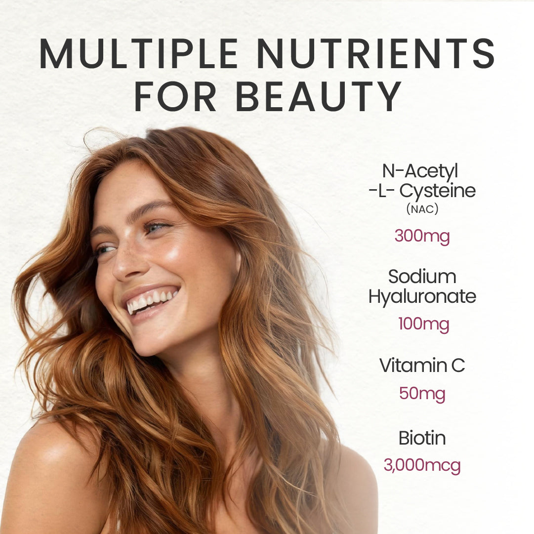 An infographic titled "MULTIPLE NUTRIENTS FOR BEAUTY" featuring a smiling woman with radiant skin and hair. The chart lists specific dosages of Neumina's premium ingredients: 300mg of N-Acetyl-L-Cysteine (NAC) as a glutathione precursor, 100mg of Sodium Hyaluronate for deep hydration, 50mg of Vitamin C for collagen support, and 3,000mcg of Biotin for hair and nail strength. This clear breakdown highlights Neumina's high-potency, science-backed approach to oral beauty and cellular wellness.