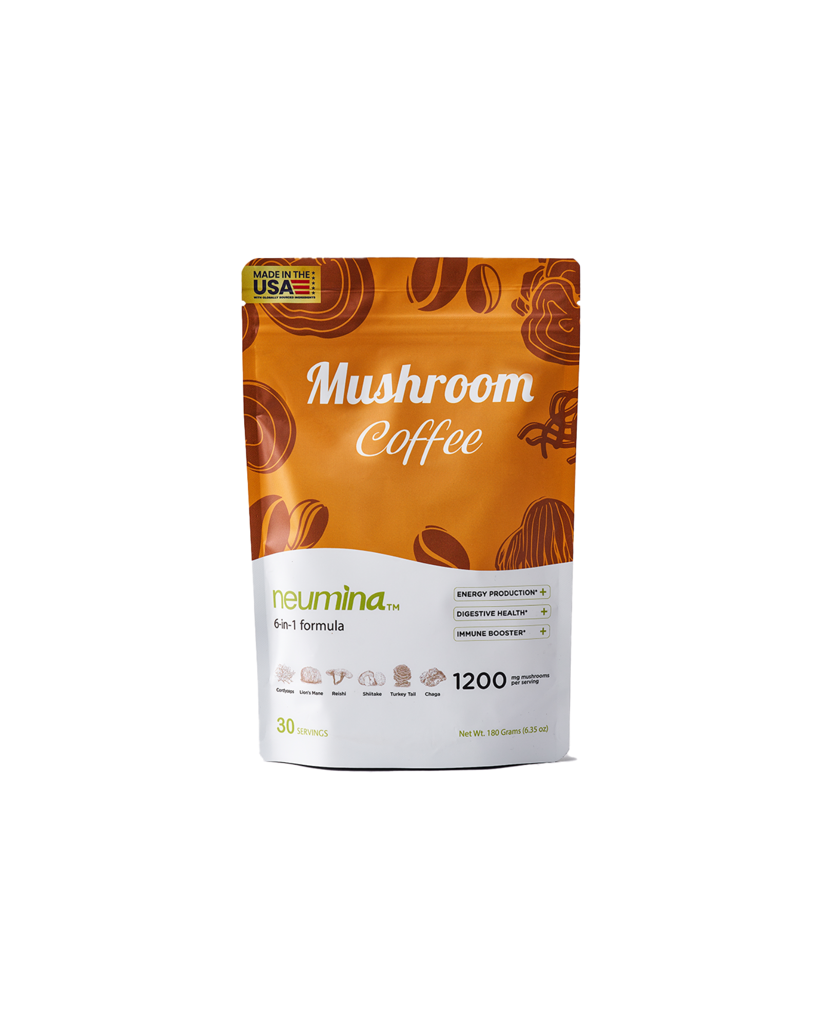 Packaging of Neumina Mushroom Coffee featuring a 6-in-1 formula with 1200mg of mushroom extracts per serving. Ingredients include Cordyceps, Lion's Mane, Reishi, Shiitake, Turkey Tail, and Chaga. The label highlights benefits for Energy Production, Digestive Health, and Immune Boosting. Made in the USA with 30 servings per 180g pouch. This premium blend uses organic Arabica beans for a smooth, adaptogen-inspired coffee experience.
