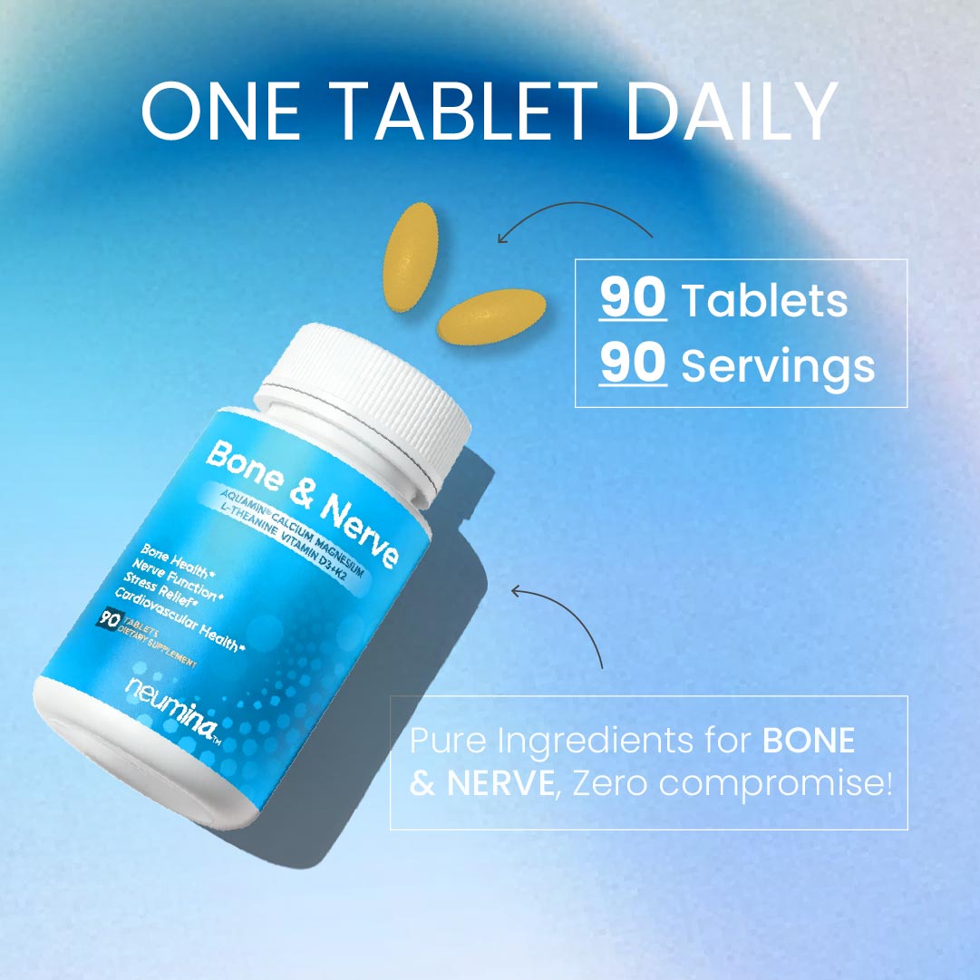 An instructional graphic for Neumina Bone & Nerve supplement titled "ONE TABLET DAILY." The visual highlights the 90-day supply with 90 tablets per container, emphasizing a full 3-month cycle of bone and nerve support. Features a single yellow tablet next to the bottle with the message: "Pure Ingredients for BONE & NERVE, Zero compromise!" This illustrates the product's high-potency, once-a-day formula designed for ease of use and long-term skeletal health maintenance.