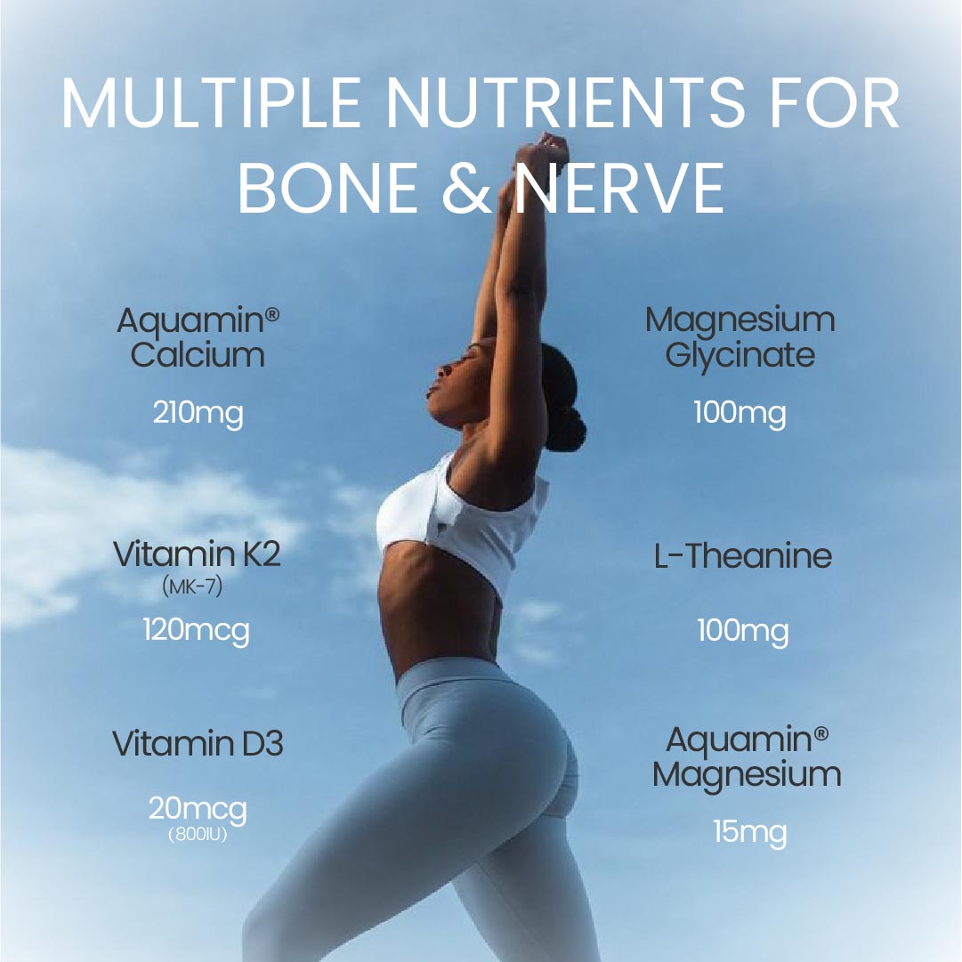An infographic titled "MULTIPLE NUTRIENTS FOR BONE & NERVE" featuring an athletic woman stretching against a blue sky. The chart lists precise dosages: 210mg Aquamin Calcium, 120mcg Vitamin K2 (MK-7), 20mcg (800IU) Vitamin D3, 100mg Magnesium Glycinate, 100mg L-Theanine, and 15mg Aquamin Magnesium. This visual demonstrates the product's science-backed synergy for bone density, cardiovascular health, and stress relief through high-absorption mineral forms.