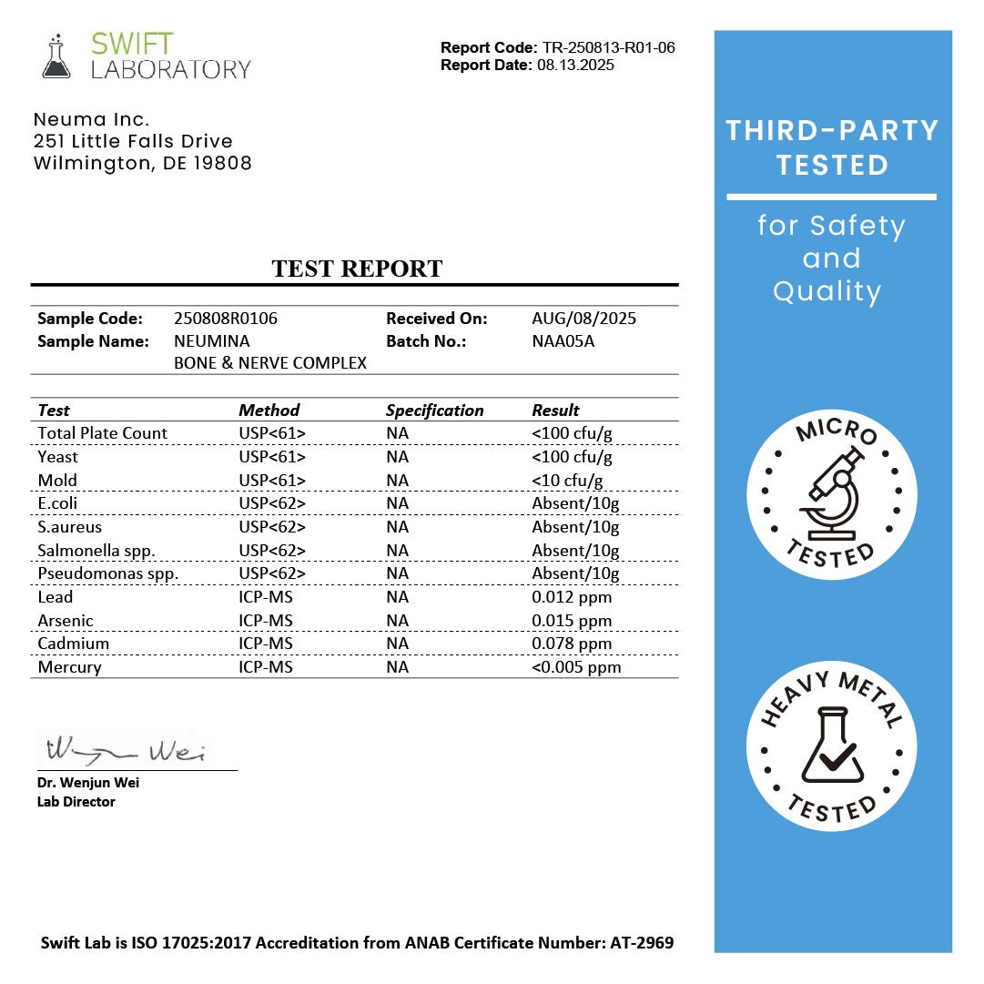 Neumina Bone and Nerve official lab test report. Independent 3rd-party verified for maximum purity and safety. Detailed microbial and heavy metal testing confirms our 6-in-1 formula meets the highest quality control standards. ISO-accredited laboratory verification ensures a safe, jitter-free wellness journey. Proudly made in the USA with zero compromise on ingredient integrity.
