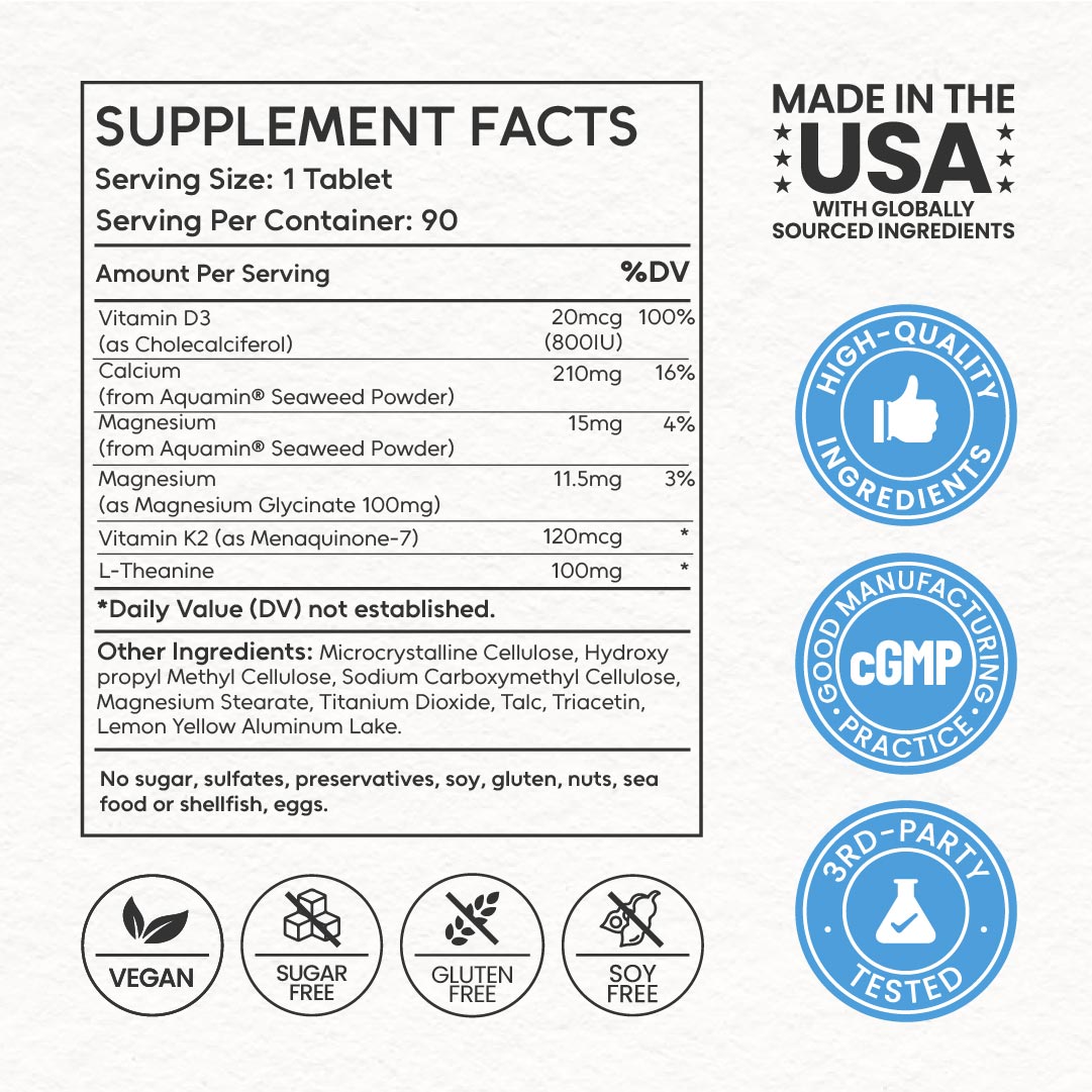 Neumina Bone and Nerve nutritional facts and ingredient transparency. High-potency formula featuring seaweed-derived calcium and magnesium for 96% absorption. Includes synergistic Vitamin D3 and K2 MK-7 for targeted bone health. Enhanced with L-Theanine and Magnesium Glycinate for 24h stress relief. Proudly Made in the USA, 3rd-party lab tested, and cGMP certified. 90-day supply of pure, vegan-friendly tablets with no hidden additives.