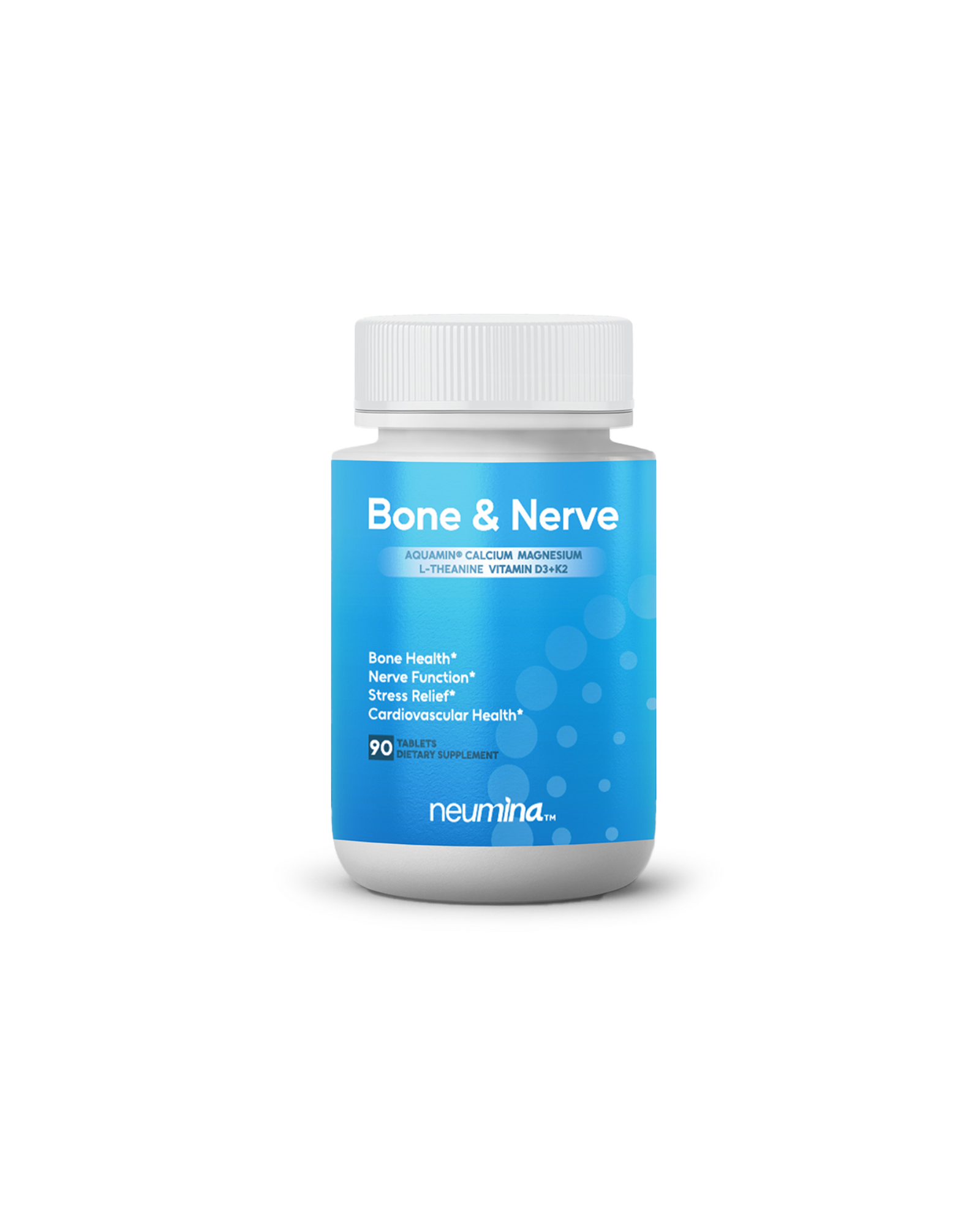 Product bottle of Neumina Bone & Nerve dietary supplement. The formula features Aquamin plant-based Calcium and Magnesium derived from red seaweed, combined with L-Theanine, Vitamin D3, and Vitamin K2 (MK-7). Benefits listed on the label include Bone Health, Nerve Function, Stress Relief, and Cardiovascular Health. This targeted calcium delivery system is designed to direct calcium to bones rather than arteries. Contains 90 vegan tablets for a 3-month supply.