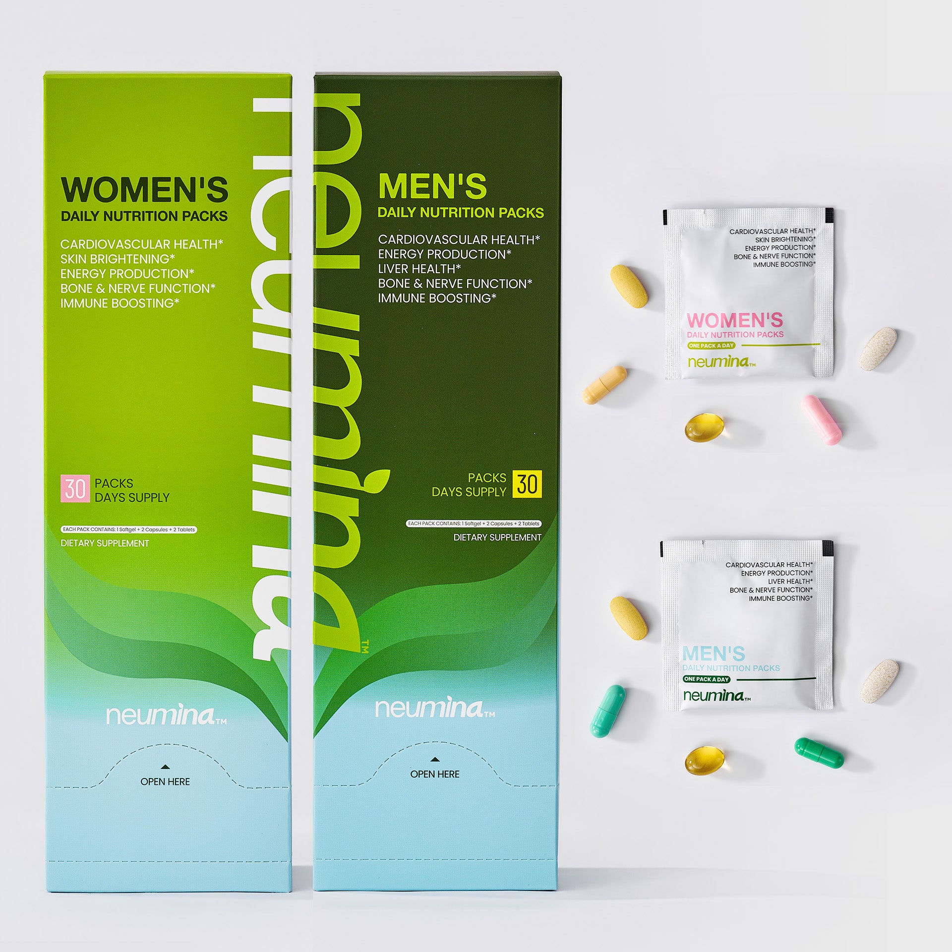 Studio shot of Neumina Women's and Men's Daily Nutrition Packs bundle. Shows two dispenser boxes and two opened packets. Each packet contains 5 distinct capsules/tablets tailored for gender-specific needs. Women's pack: Skin brightening and energy. Men's pack: Liver and cardiovascular health. Each box provides a 30-day supply (30 packs). Focus: complete multivitamin pills transparency and convenient daily dosing.