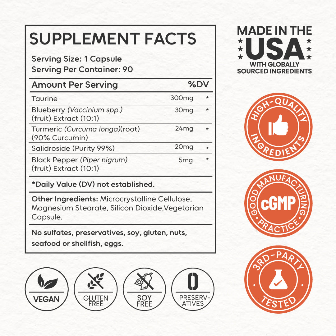 Supplement Facts label for Neumina Women's Energy & Immune. Serving: 1 capsule. Data: 300mg Taurine, 30mg Blueberry (10:1), 24mg Turmeric (90% Curcumin), 20mg Salidroside (99% Purity), and 5mg Black Pepper (10:1). Clean label: Vegan, Gluten-Free, Soy-Free, No Preservatives. Certified: Made in USA, cGMP, 3rd-Party Tested. 90-day supply.