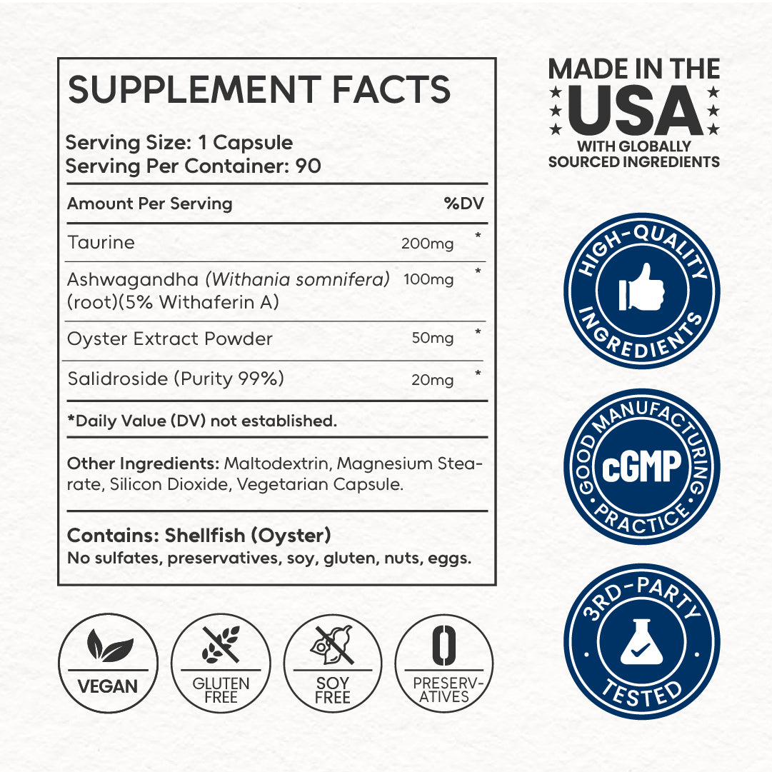 Official Supplement Facts for Neumina Energy & Immune. Per 1-capsule serving: 200mg Taurine, 100mg Ashwagandha (Withania somnifera) root extract standardized to 5% Withaferin A, 50mg Oyster Extract Powder, and 20mg Salidroside with 99% Purity. Features a clean formula: Vegan, Gluten-Free, Soy-Free, and Preservative-Free. Contains Shellfish (Oyster). Made in the USA in cGMP-certified facilities with 3rd-party testing. Each bottle contains 90 capsules for a 3-month supply.