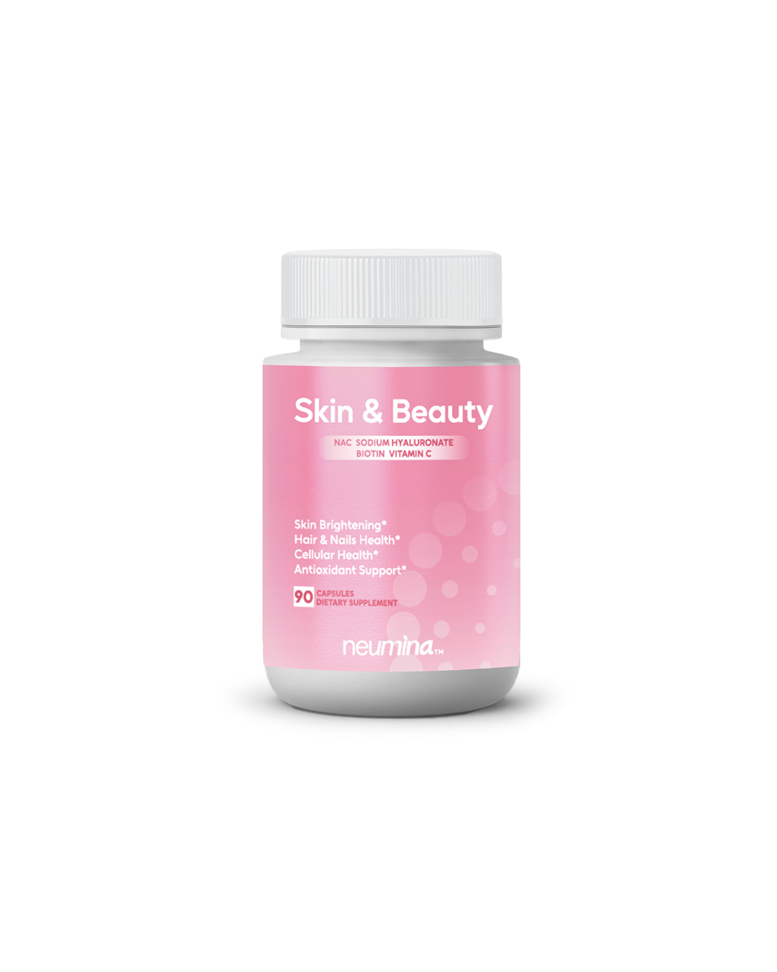 Product bottle of Neumina Skin & Beauty dietary supplement. The label features a synergistic blend of NAC, Sodium Hyaluronate, Biotin, and Vitamin C. Key benefits highlighted include Skin Brightening, Hair & Nails Health, Cellular Health, and Antioxidant Support. Each bottle contains 90 vegan capsules. Designed as a comprehensive oral beauty routine for women to enhance skin hydration, reduce dullness, and support glutathione production through NAC.