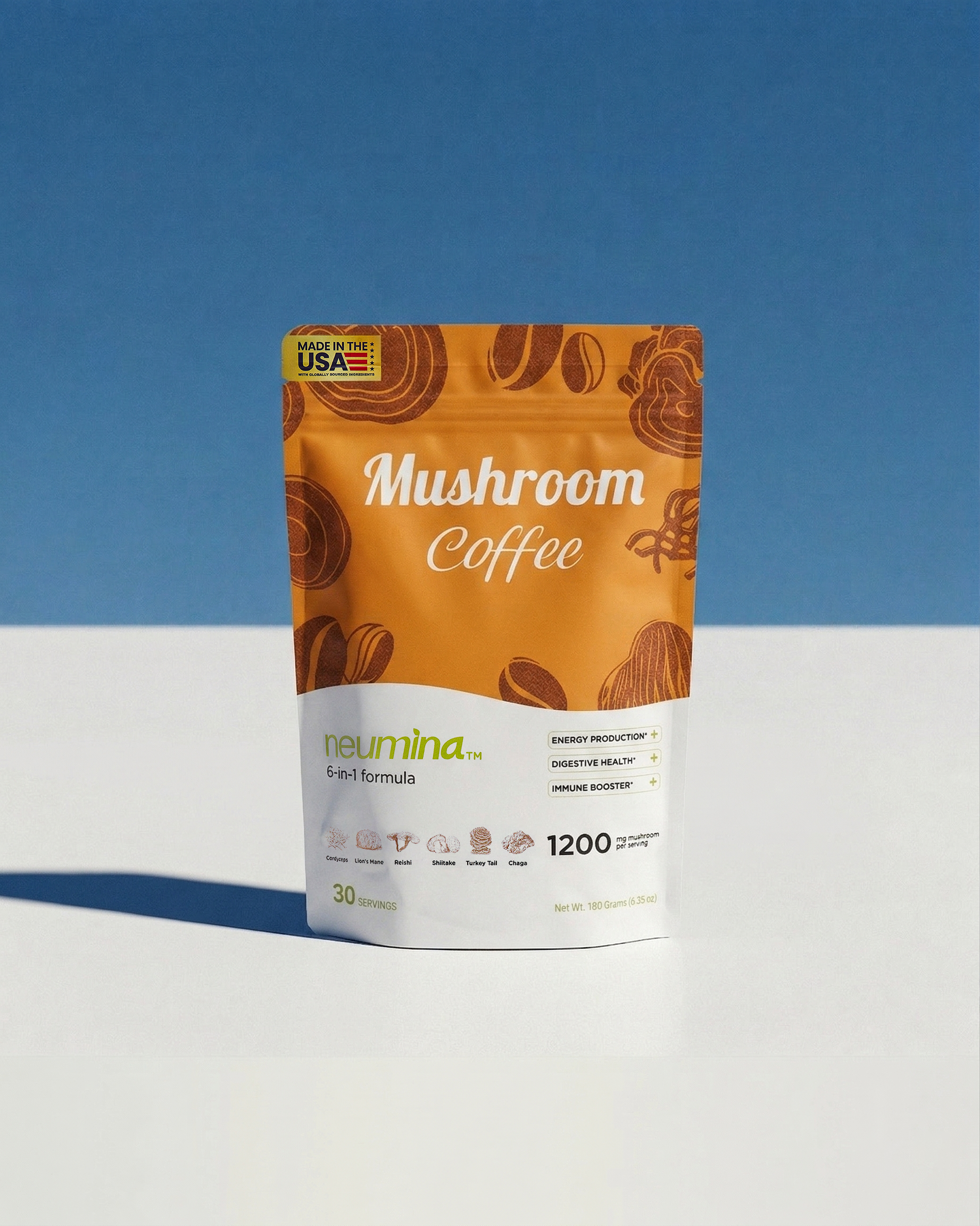 Preparation of Neumina Mushroom Coffee powder. Features 1,200mg of 6 functional mushroom extracts (Lions Mane, Cordyceps, etc.). Simply mix with hot or cold water and stir for 20-30 seconds for a rich, smooth coffee flavor. The fine powder formula helps mask earthy taste. Can be customized with milk, ice, or sweetener. Made with premium Arabica coffee beans for a perfect healthy daily routine.