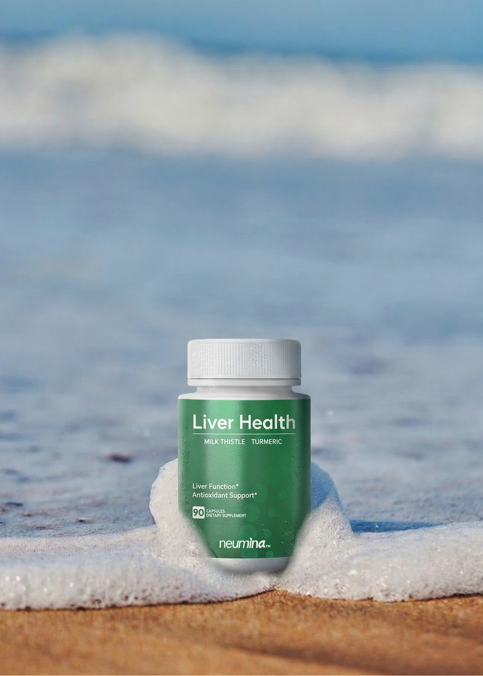 A promotional image for Neumina Liver Health supplement bottle placed in sea foam on a beach. The visual emphasizes "Purity" and "Natural Detox." Product contains 430mg Milk Thistle (80% Silymarin) and Turmeric (90% Curcumin) for liver function and antioxidant support. This clean-label supplement follows a 90-day supply routine. Represents a research-backed approach to herbal liver protection and systemic detoxification.
