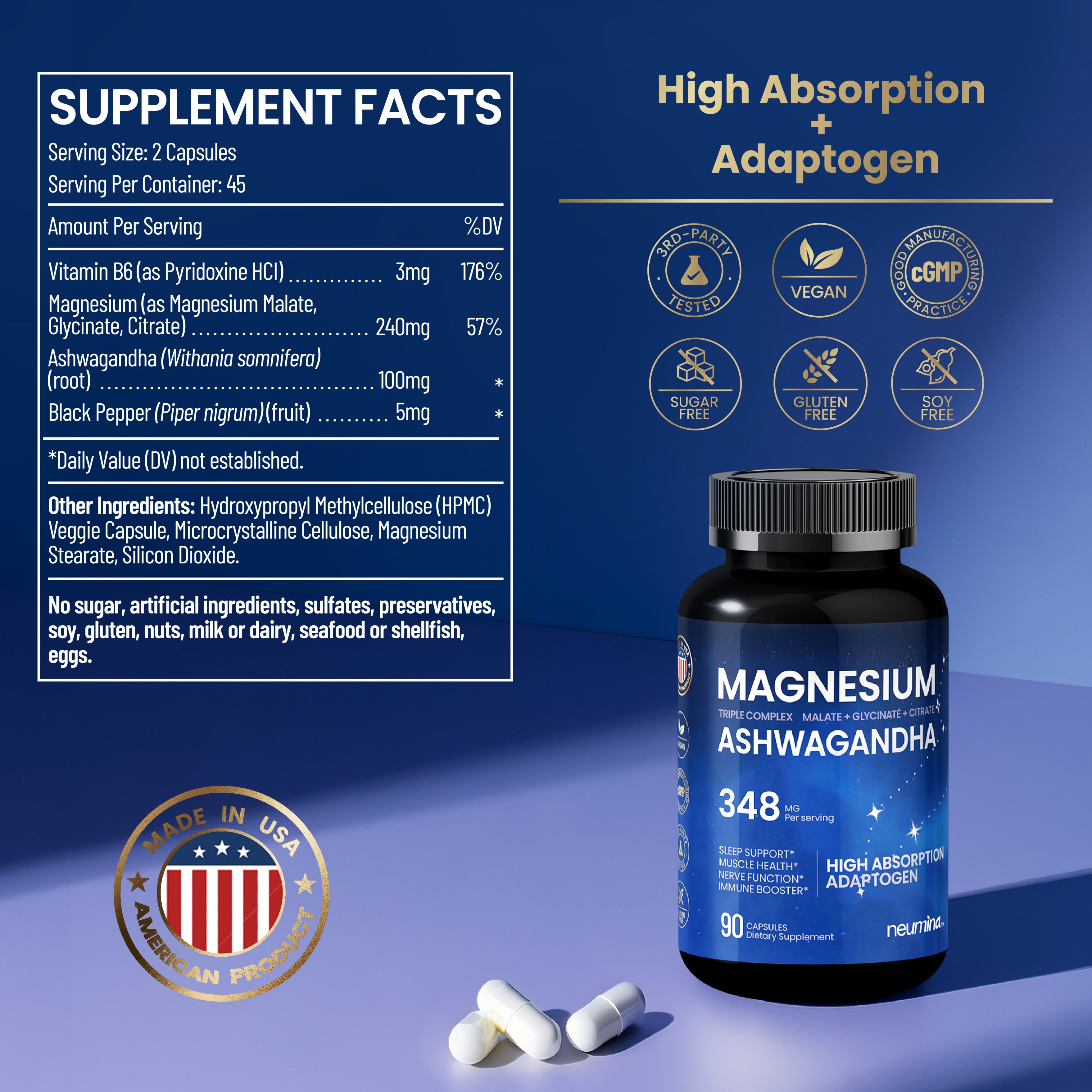 Official Supplement Facts for Neumina Magnesium Ashwagandha. Per serving (2 capsules): 240mg Triple Magnesium (Malate, Glycinate, Citrate), 100mg Ashwagandha root extract, 3mg Vitamin B6 (176% DV), and 5mg Black Pepper fruit extract. High-absorption adaptogen formula with 45 servings per container. Certified with 3rd-party tested, Vegan, cGMP, Sugar-Free, Gluten-Free, and Soy-Free badges. Made in the USA with no artificial ingredients, preservatives, or major allergens.