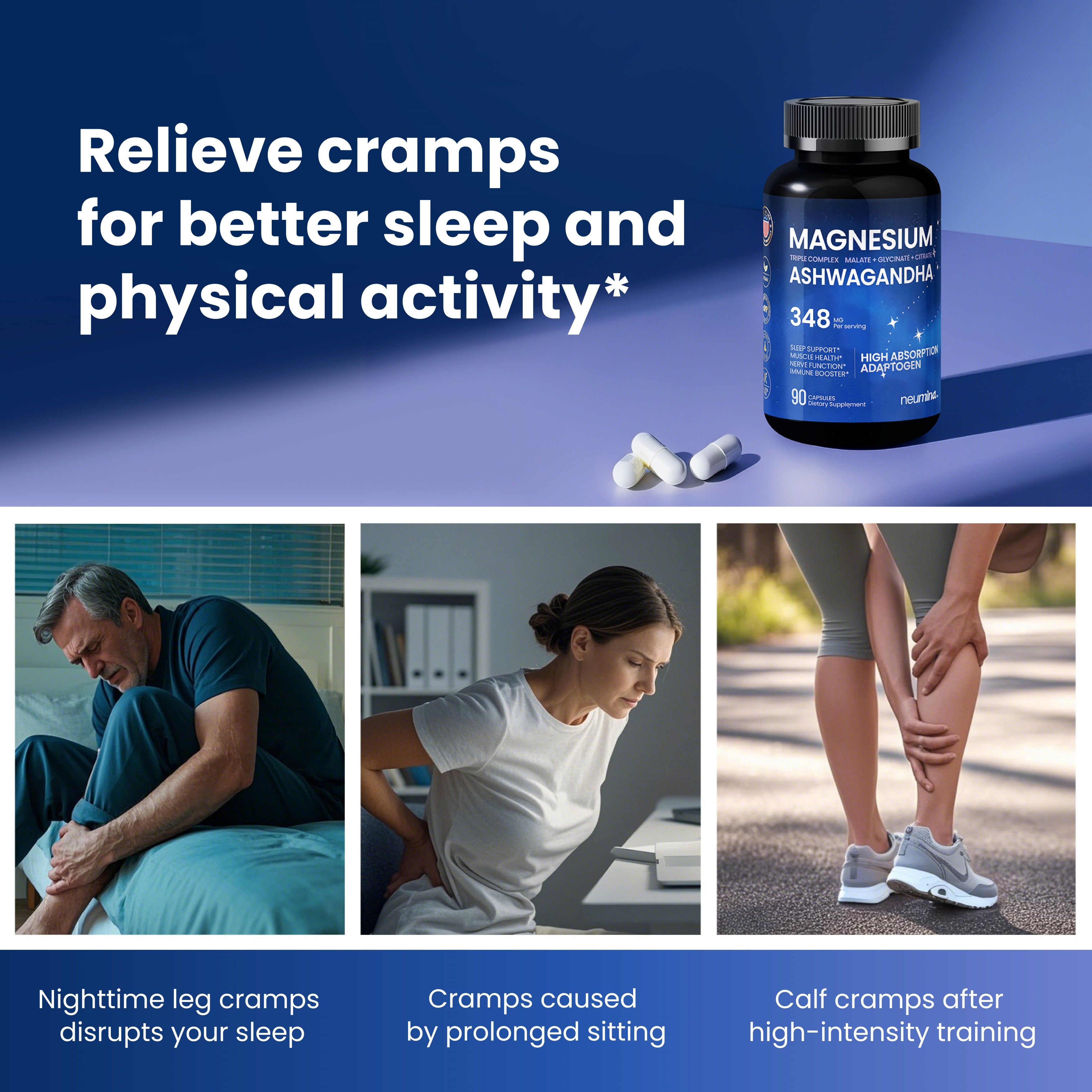 Infographic titled "Relieve cramps for better sleep and physical activity" showcasing Neumina Magnesium Ashwagandha. It highlights three common use cases: 1) Nighttime leg cramps that disrupt sleep. 2) Back and body cramps caused by prolonged sitting at work. 3) Calf cramps after high-intensity training or exercise. The visual demonstrates how the 348mg triple magnesium blend helps soothe muscle tension and support daily physical performance for adults of all ages.