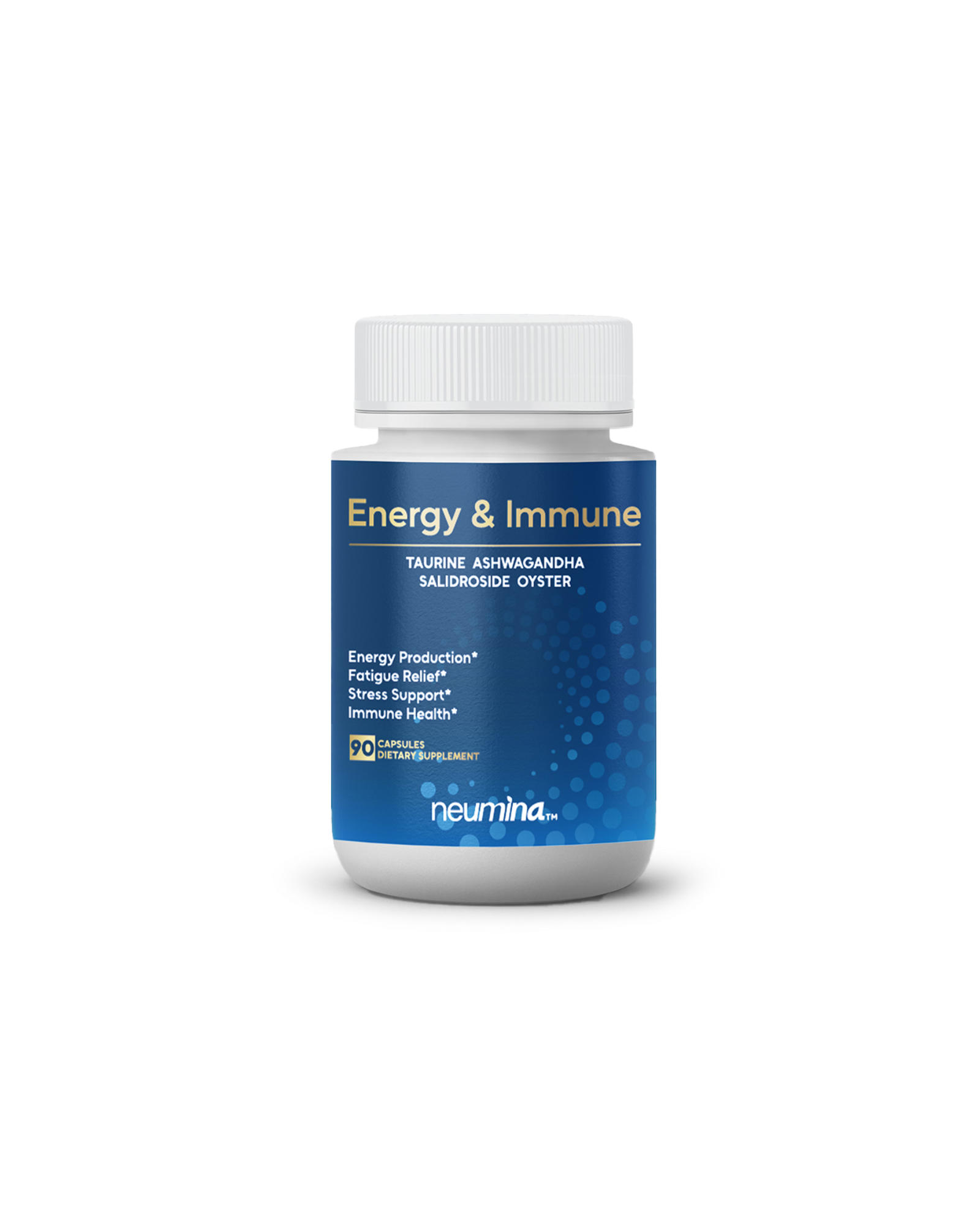 Product bottle of Neumina Energy & Immune dietary supplement for men. The formula features a high-purity Anti-Fatigue Energy Matrix including 200mg Taurine, 100mg Ashwagandha, 50mg Oyster Extract, and 20mg Salidroside (99% Purity). Key benefits highlighted: Energy Production, Fatigue Relief, Stress Support, and Immune Health. Designed for high-pressure professionals and athletes to enhance hypoxia tolerance and muscle recovery. Contains 90 capsules for a 90-day supply.
