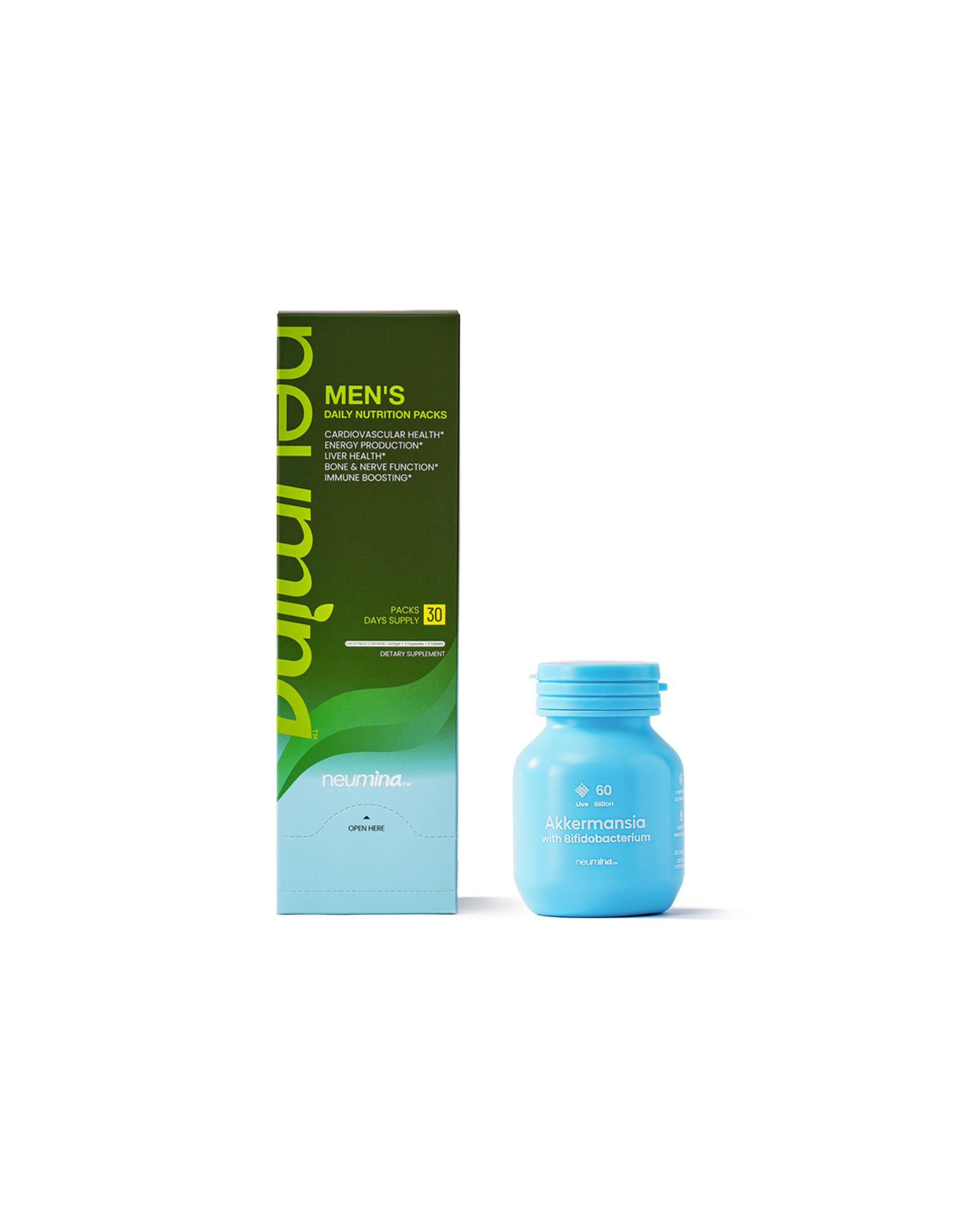 Product pairing of Neumina Men's Daily Nutrition Packs (30 packs) and Akkermansia with Bifidobacterium (60 Billion CFU). Men's packs target Cardiovascular Health, Energy Production, Liver Health, and Immune Support. Akkermansia provides advanced metabolic and gut barrier defense. Features a 30-day comprehensive supply for high-performance men. Focus: hepatoprotective nutrients combined with next-generation metabolic probiotics. Made in USA.