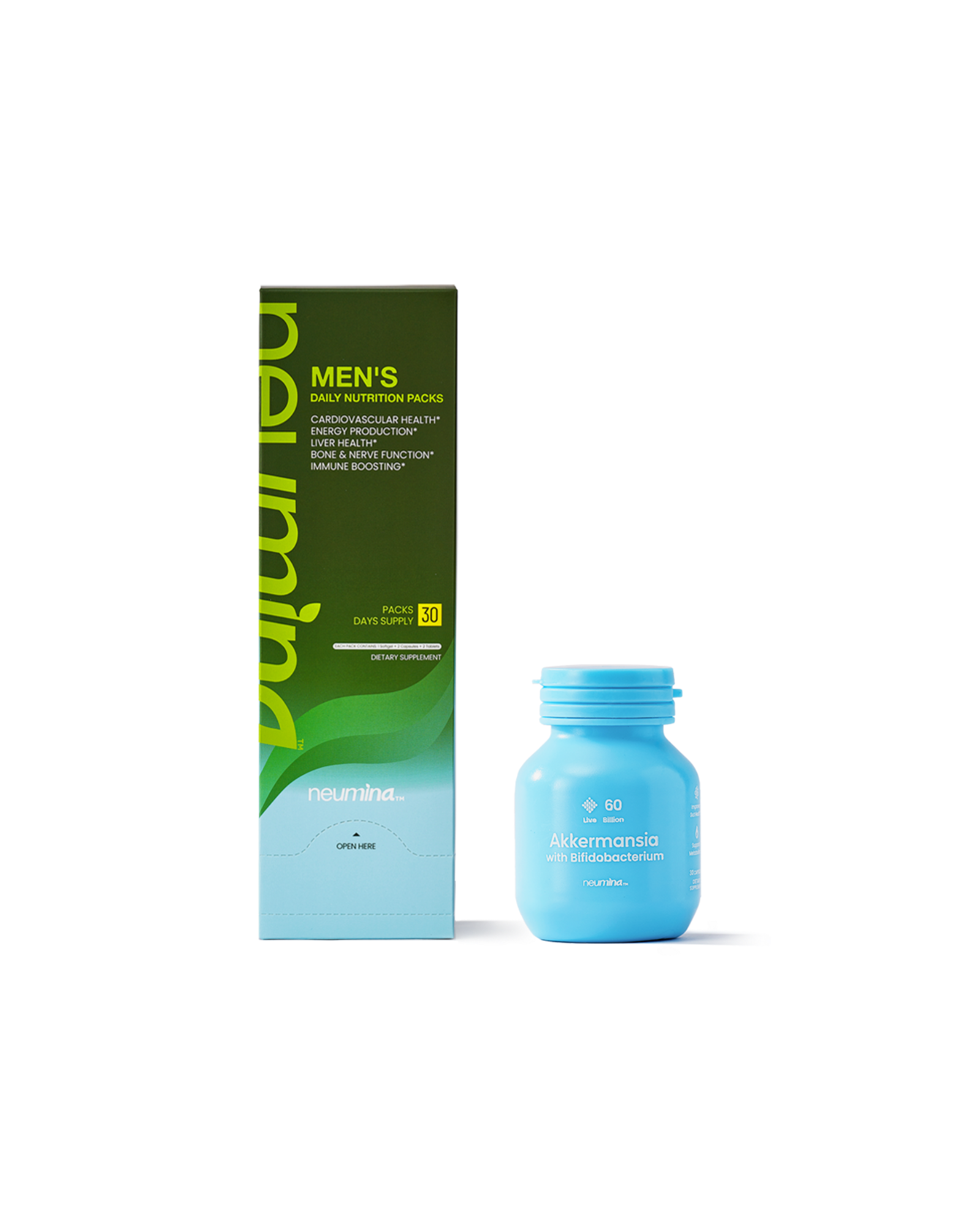 Product pairing of Neumina Men's Daily Nutrition Packs (30 packs) and Akkermansia with Bifidobacterium (60 Billion CFU). Men's packs target Cardiovascular Health, Energy Production, Liver Health, and Immune Support. Akkermansia provides advanced metabolic and gut barrier defense. Features a 30-day comprehensive supply for high-performance men. Focus: hepatoprotective nutrients combined with next-generation metabolic probiotics. Made in USA.