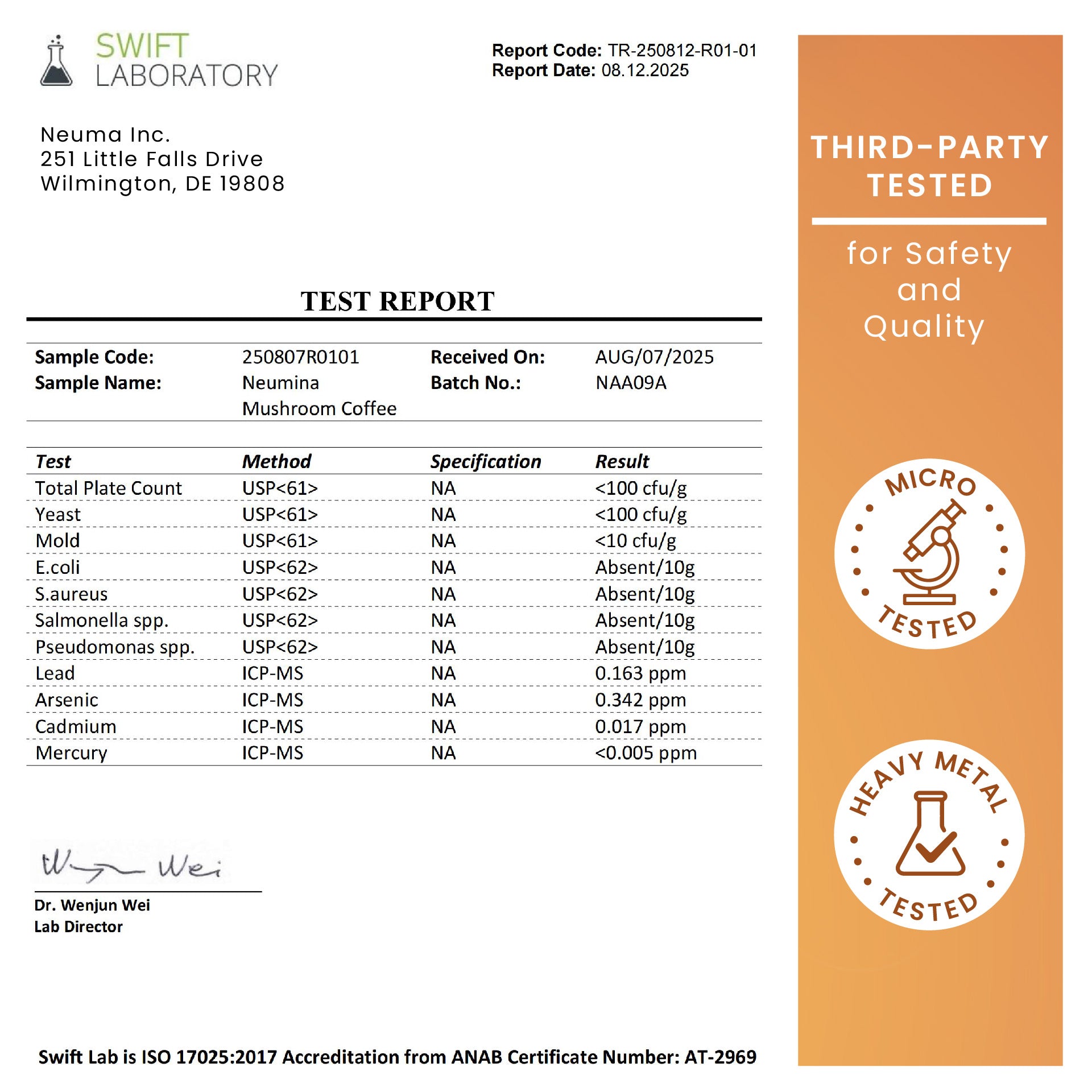 Third-party test report for Neumina Mushroom Coffee (Batch NAA09A) from Swift Laboratory. Laboratory results confirm the product is free from harmful contaminants: E.coli, Salmonella, and S.aureus are absent. Heavy metal testing shows Lead (0.163 ppm), Arsenic (0.342 ppm), and Mercury (<0.005 ppm) are well within safety standards. Swift Lab is ISO 17025:2017 accredited. This COA provides transparent proof of Neumina's commitment to safety and quality for its 6-mushroom blend.