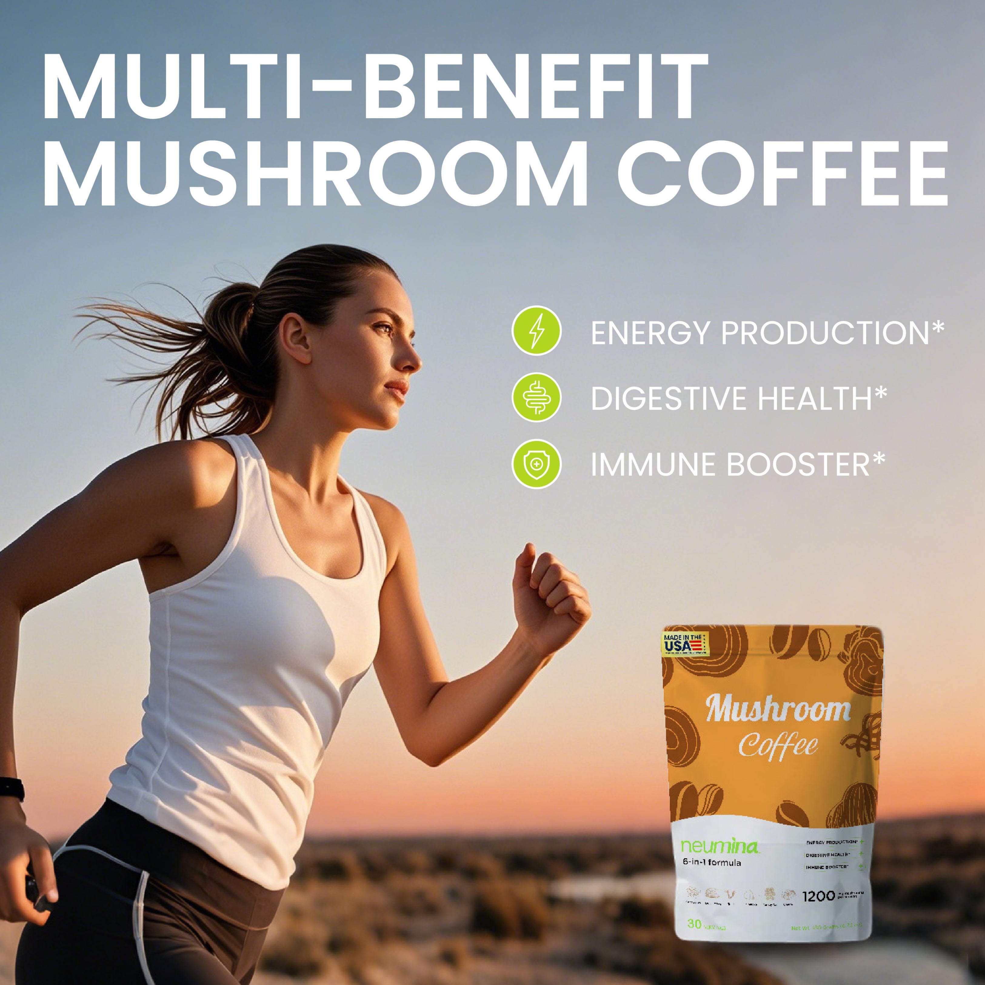 Lifestyle photography for Neumina Multi-Benefit Mushroom Coffee featuring a fit woman running during sunrise. The infographic highlights three key benefits: Energy Production, Digestive Health, and Immune Booster. Shown with the 6-in-1 formula pouch containing 1,200mg of functional mushroom extracts. Ideal for athletes and active individuals seeking a healthy, organic Arabica coffee alternative to fuel their morning workouts and daily physical performance.