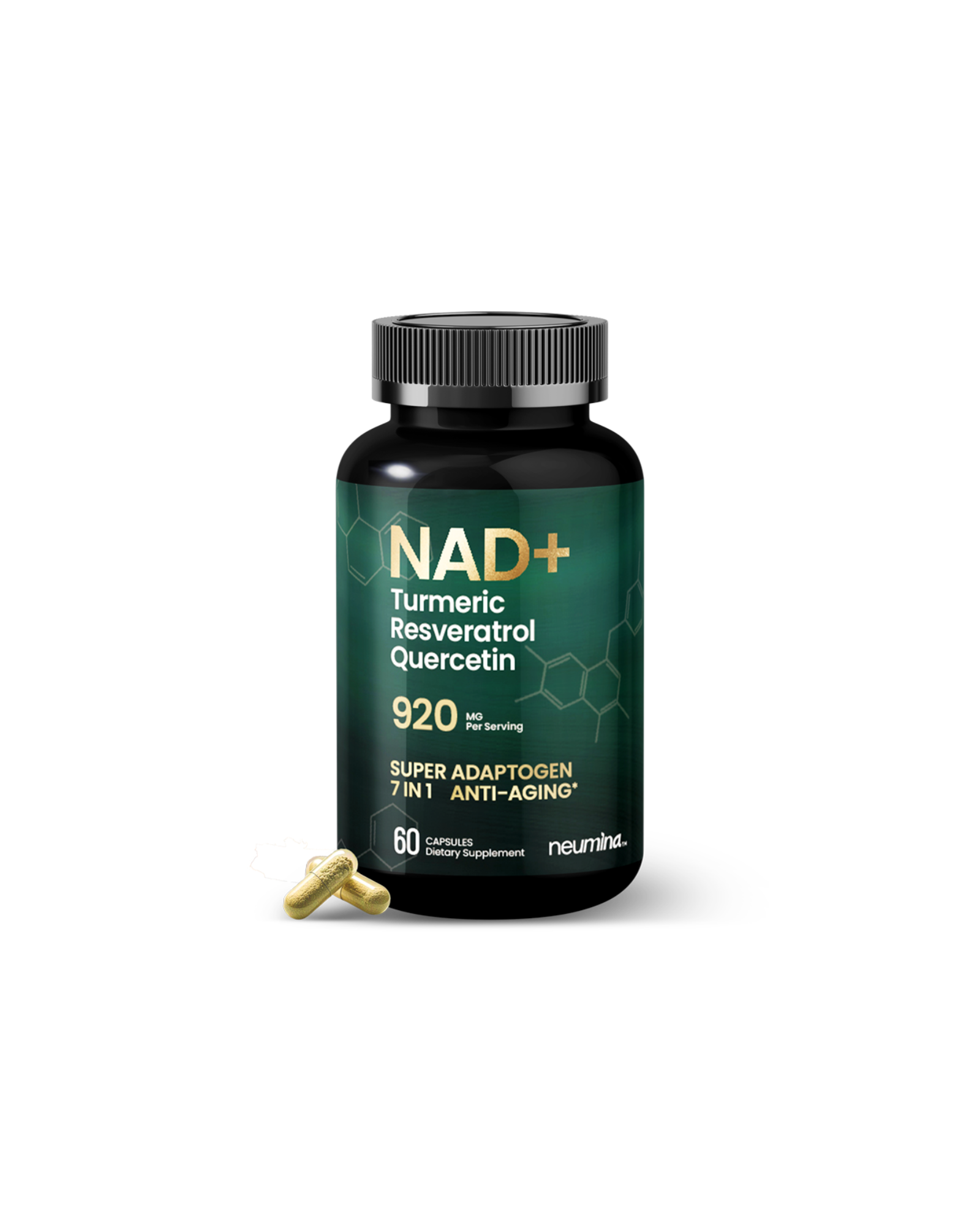 Product bottle of Neumina NAD+ Complex. Features 920mg per serving with a 7-in-1 formula including NAD+, Turmeric, Resveratrol, Quercetin, Biotin, Fisetin, and Black Pepper. Claims: Super Adaptogen, 7-in-1 Anti-Aging. Contains 60 vegan capsules (30-day supply). Focus: cellular energy, DNA repair, and healthy aging support. Made in USA.