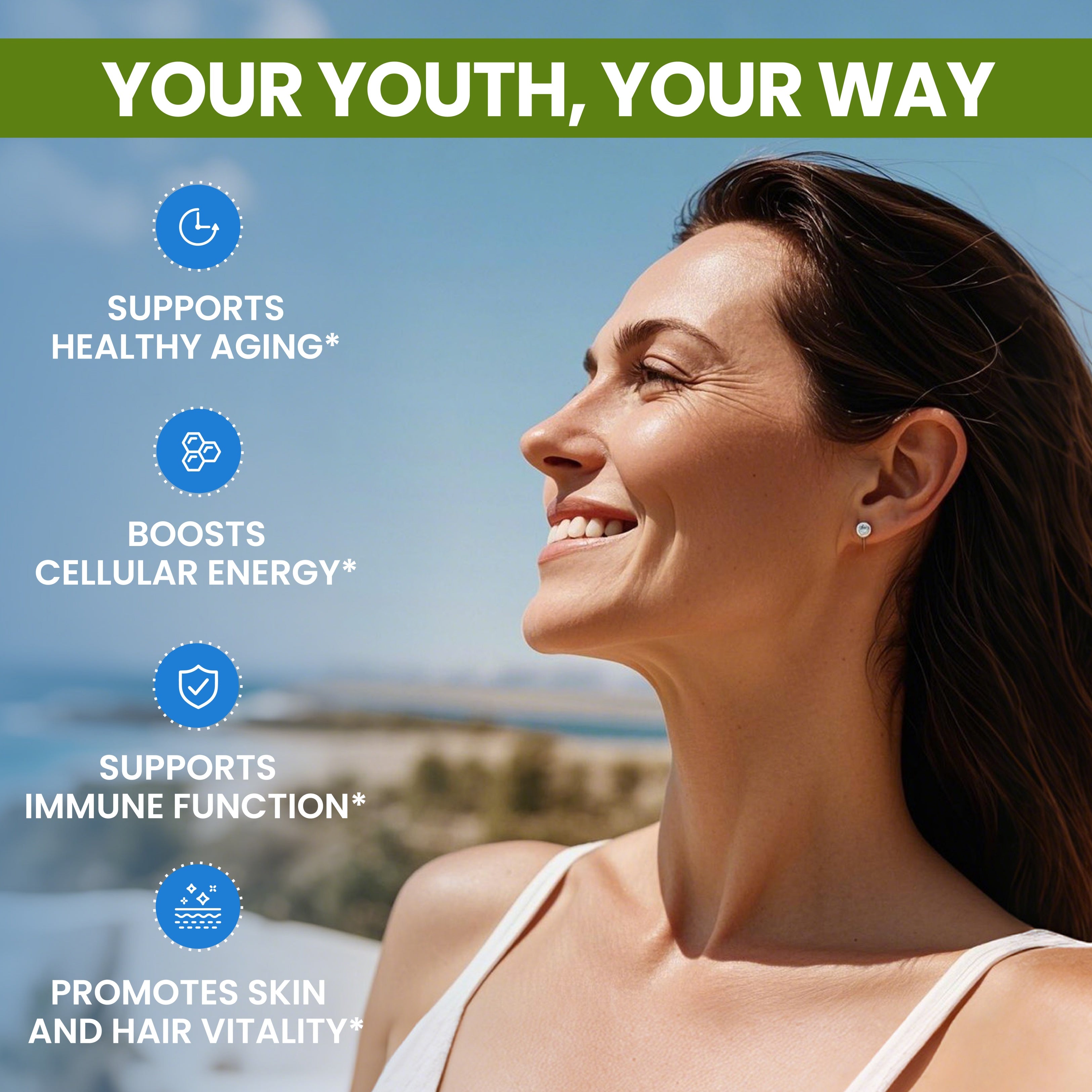 Lifestyle graphic for Neumina NAD+ Complex titled "YOUR YOUTH, YOUR WAY." Features a woman with healthy skin in a sunny outdoor setting. Icons list 4 core benefits: 1) Supports Healthy Aging, 2) Boosts Cellular Energy (ATP), 3) Supports Immune Function, and 4) Promotes Skin and Hair Vitality. This 7-in-1 formula uses Resveratrol, Quercetin, and Fisetin to enhance NAD+ baseline levels for total body rejuvenation.