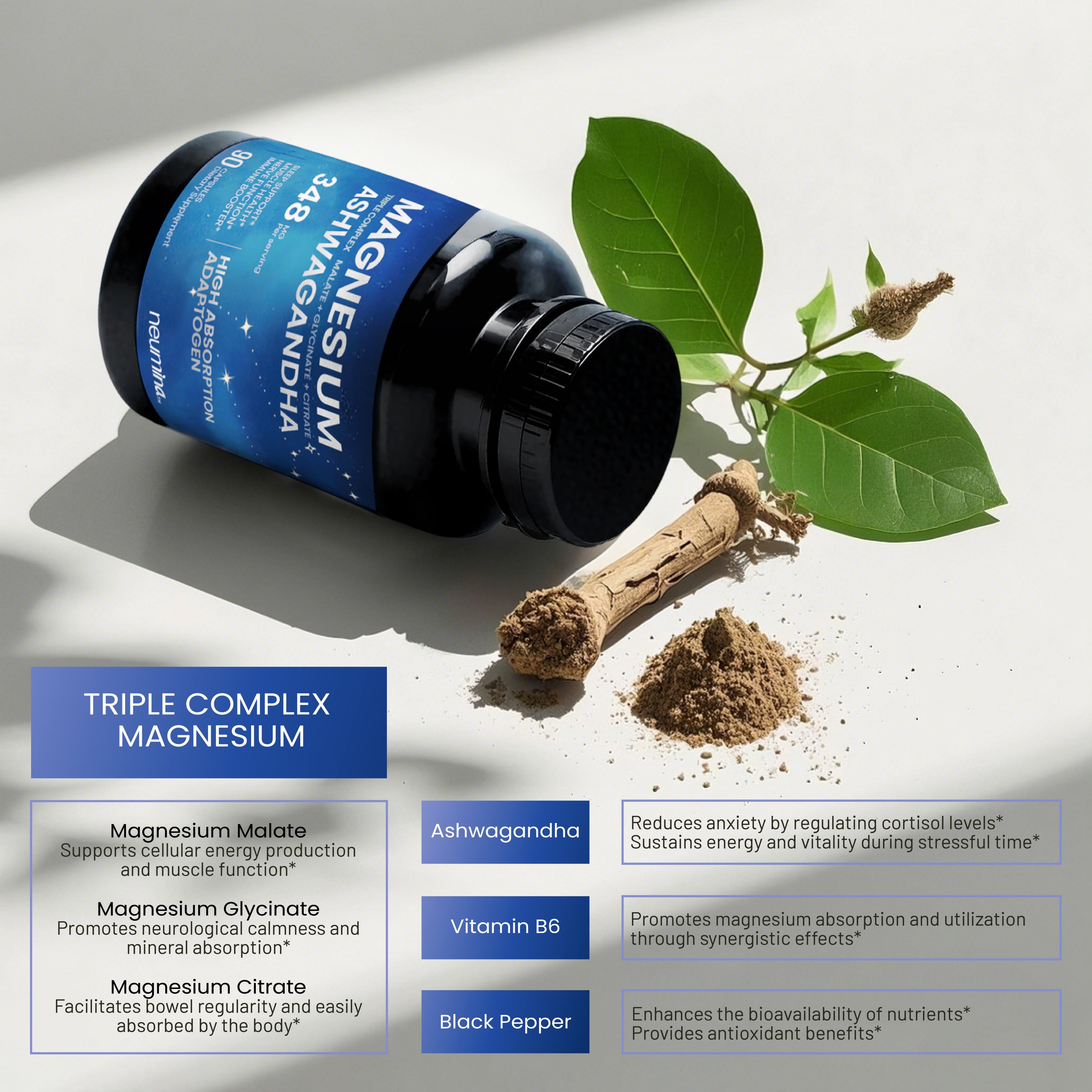 Neumina triple complex magnesium and ashwagandha benefits breakdown. Features high-absorption Magnesium Malate, Glycinate, and Citrate paired with pure ashwagandha extract to lower stress and support muscle function. Includes Vitamin B6 and Black Pepper for maximum nutrient uptake. Natural herbal supplement for anxiety relief and nervous system support, made with premium vegan ingredients.